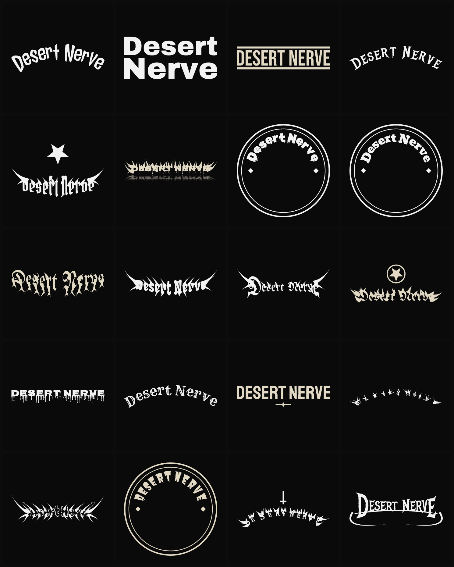 Twenty Desert Nerve band logo ideas — different faces, treatments and spike settings