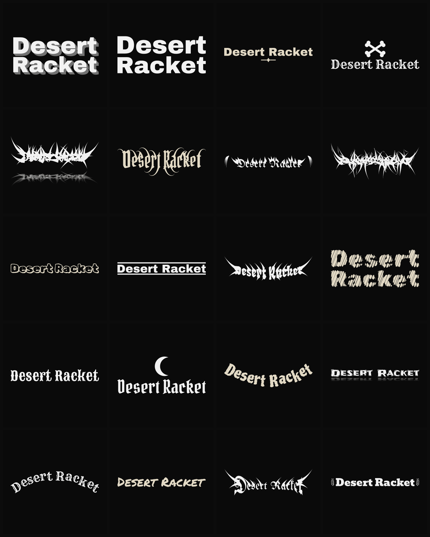 Twenty Desert Racket band logo ideas — different faces, treatments and spike settings