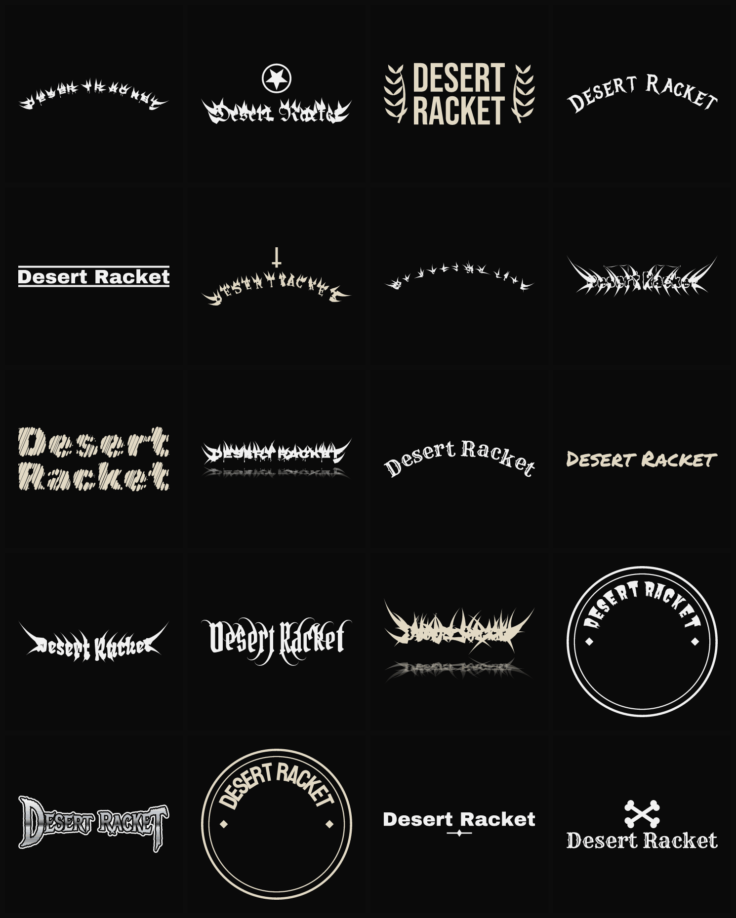 Twenty Desert Racket band logo ideas — different faces, treatments and spike settings