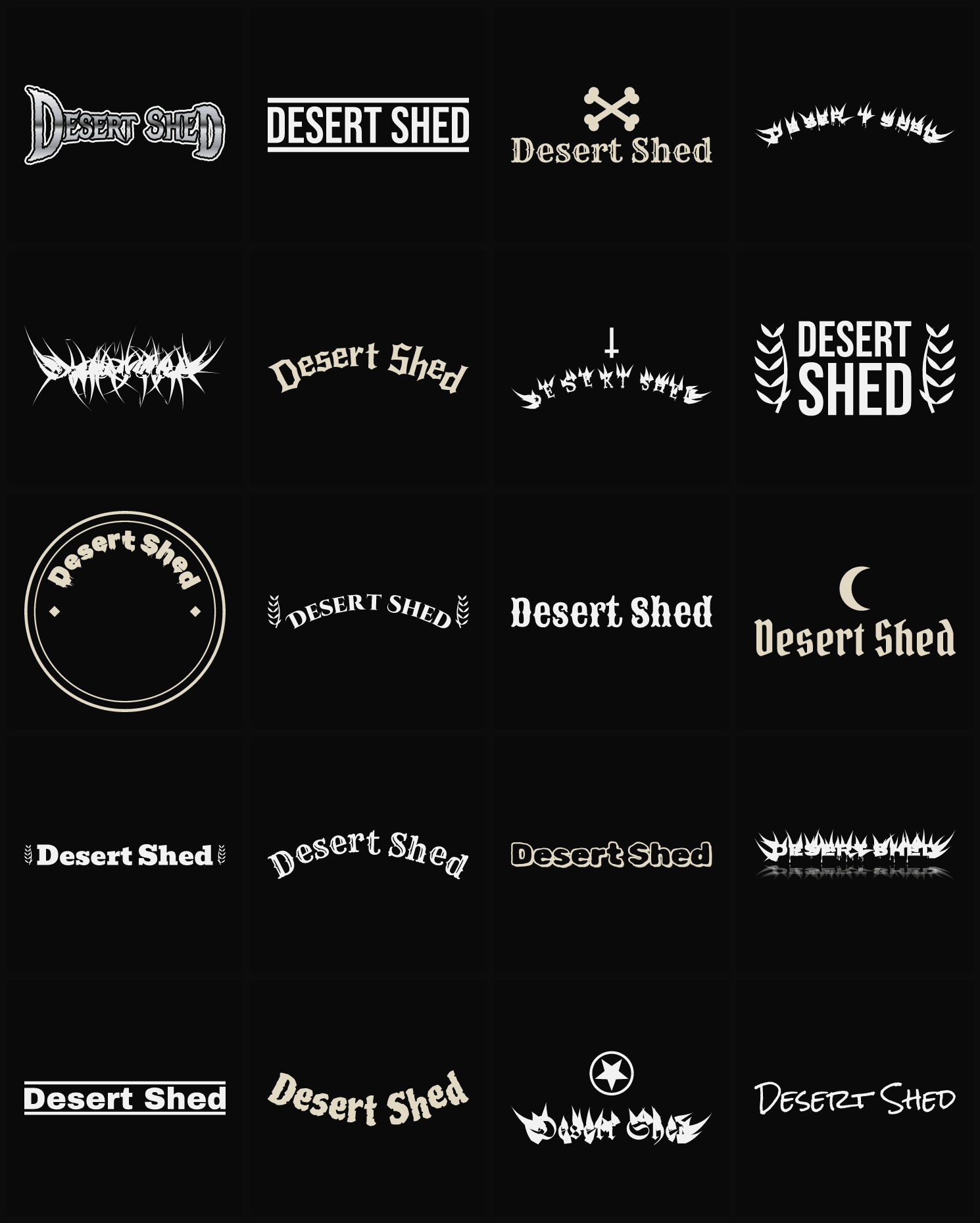 Twenty Desert Shed band logo ideas — different faces, treatments and spike settings