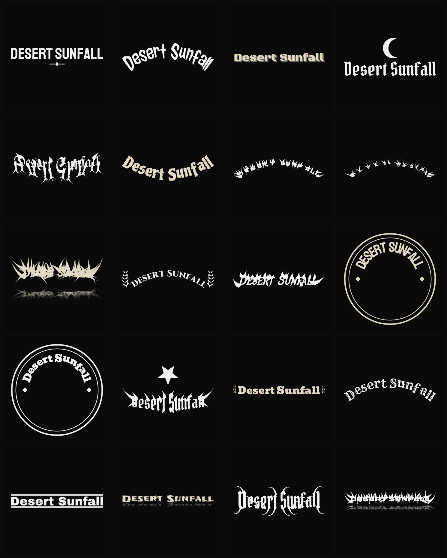 Twenty Desert Sunfall band logo ideas — different faces, treatments and spike settings
