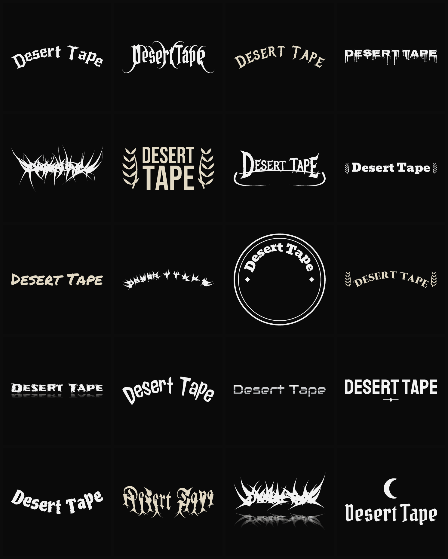 Twenty Desert Tape band logo ideas — different faces, treatments and spike settings