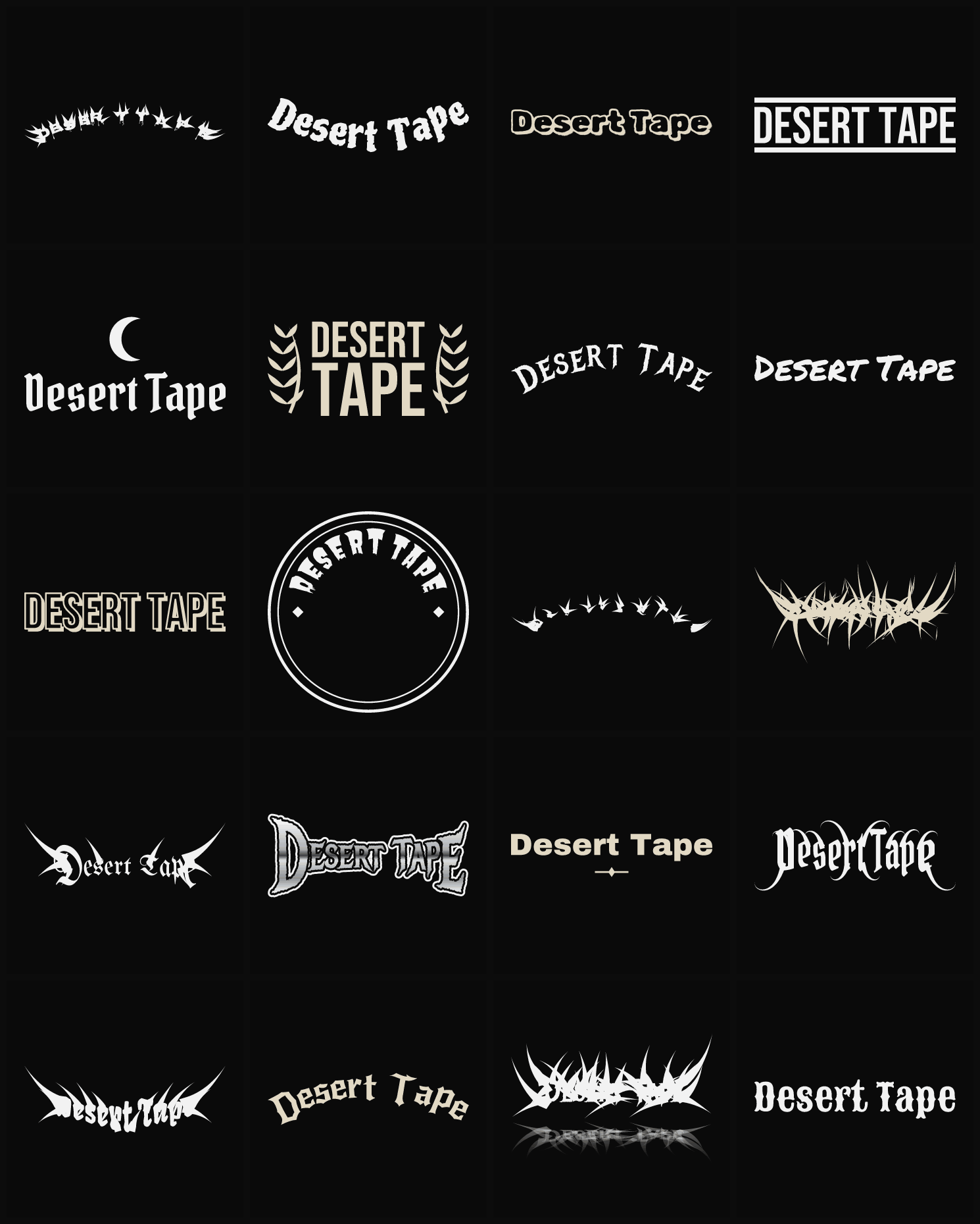 Twenty Desert Tape band logo ideas — different faces, treatments and spike settings