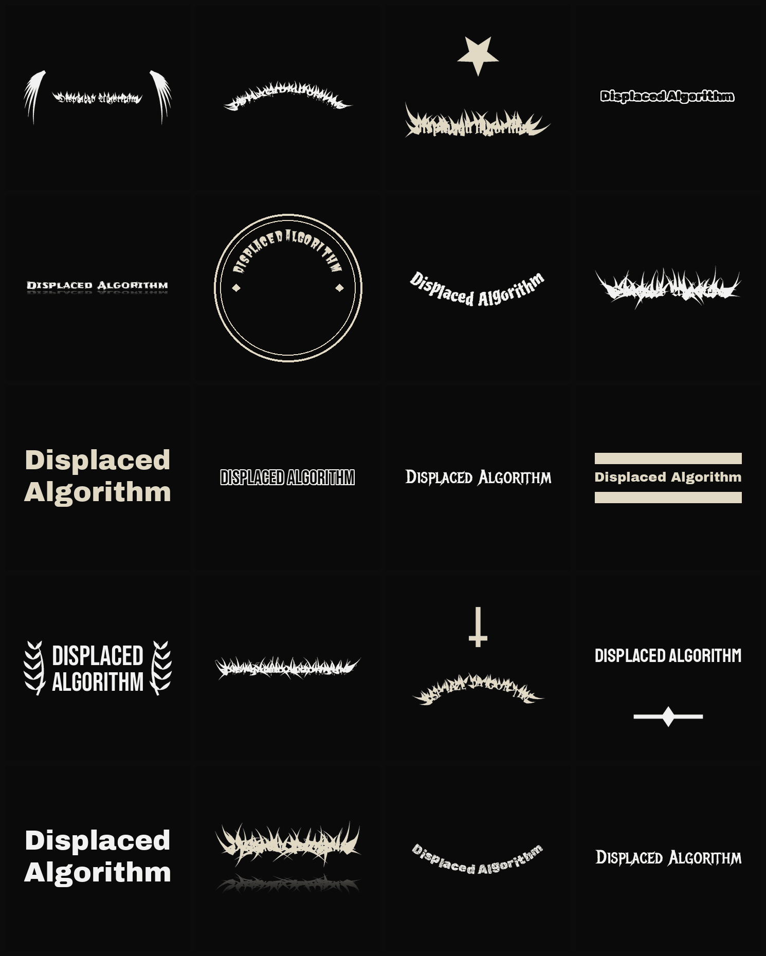 Twenty Displaced Algorithm band logo ideas — different faces, treatments and spike settings