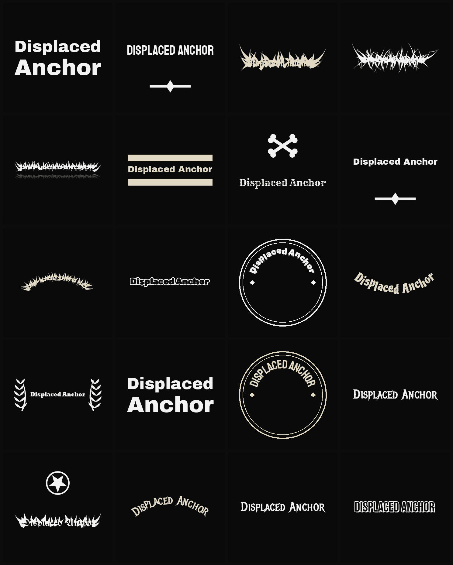 Twenty Displaced Anchor band logo ideas — different faces, treatments and spike settings