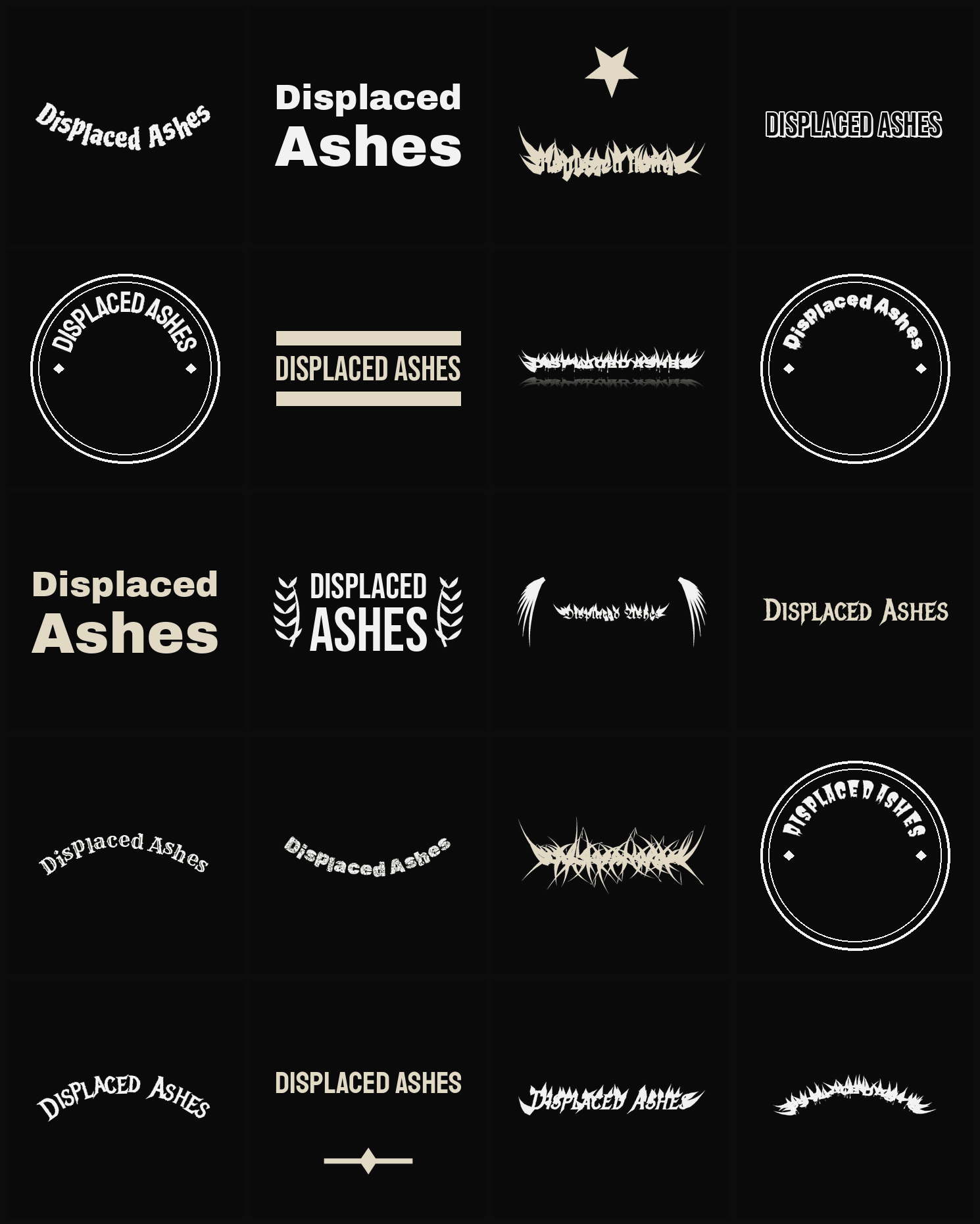 Twenty Displaced Ashes band logo ideas — different faces, treatments and spike settings