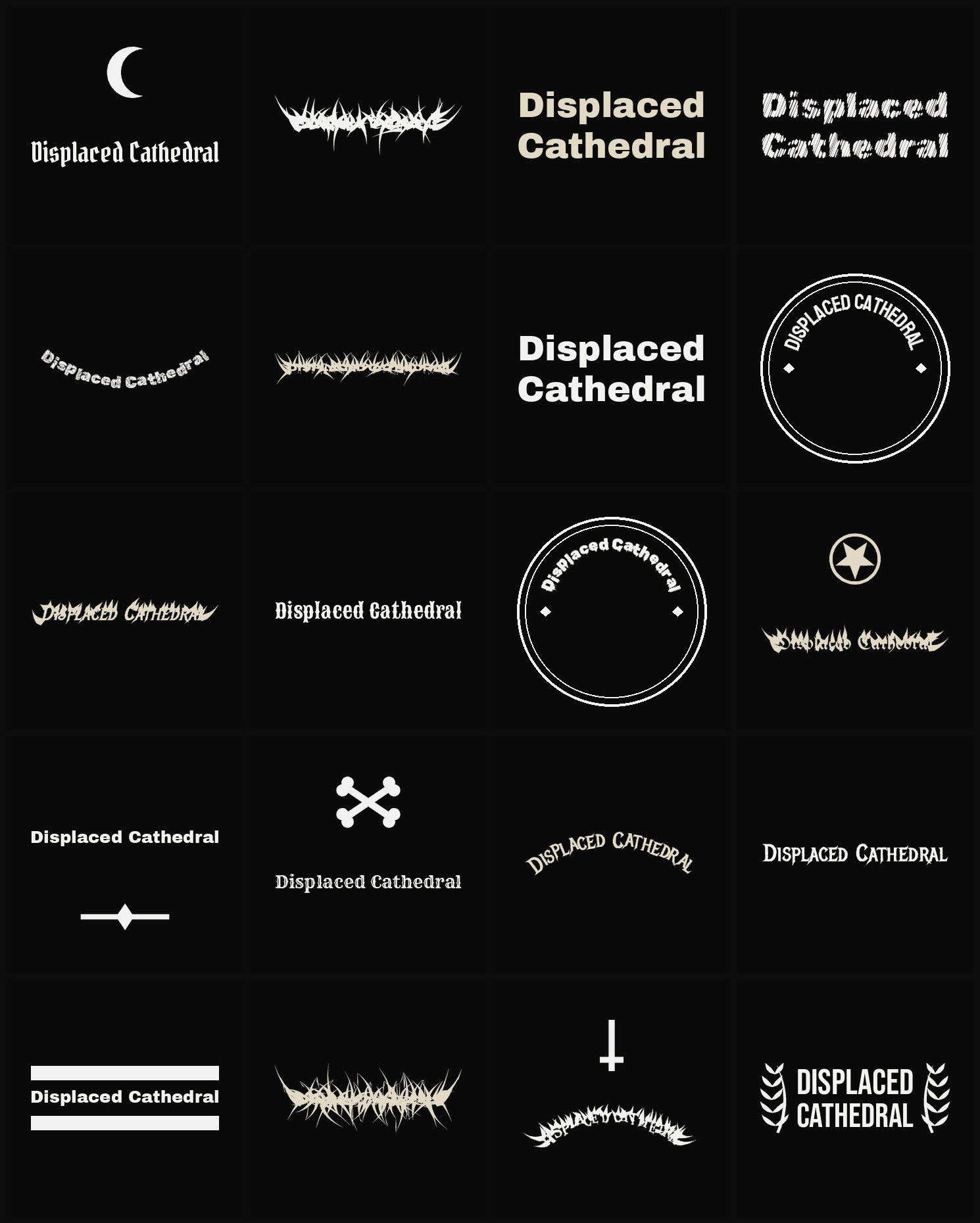 Twenty Displaced Cathedral band logo ideas — different faces, treatments and spike settings