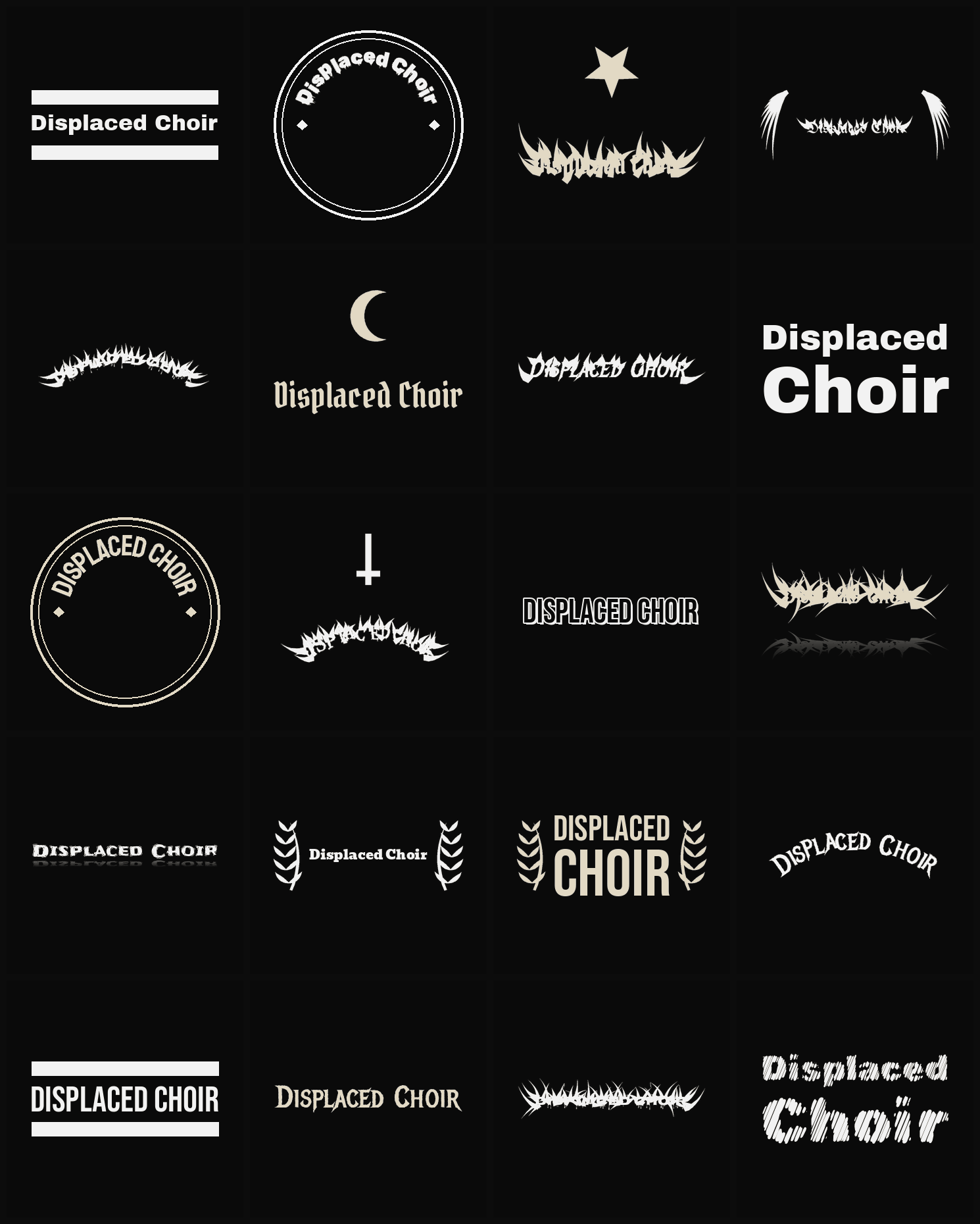 Twenty Displaced Choir band logo ideas — different faces, treatments and spike settings