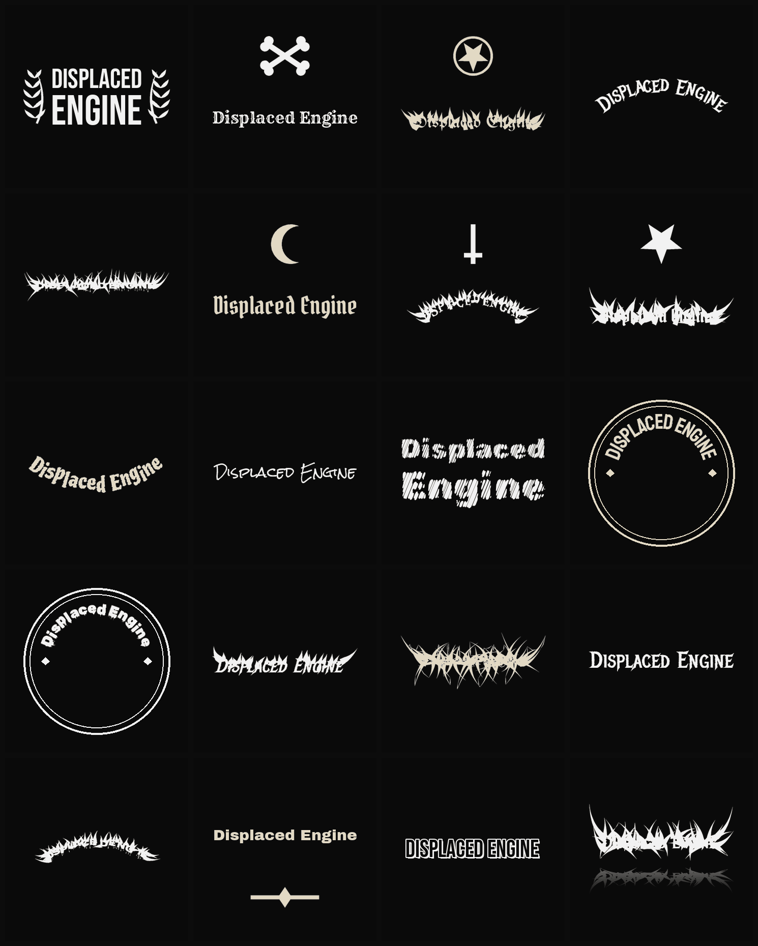 Twenty Displaced Engine band logo ideas — different faces, treatments and spike settings