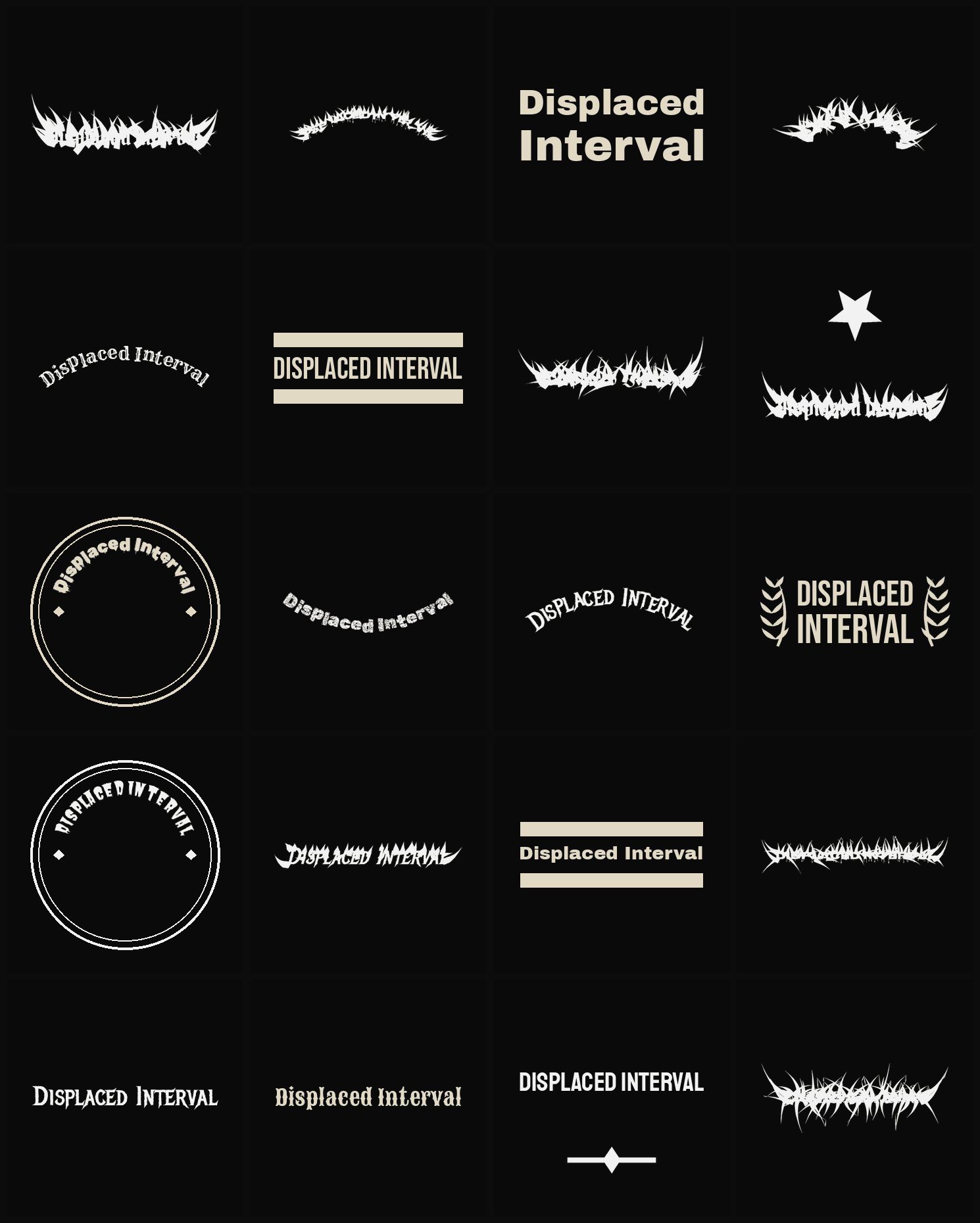 Twenty Displaced Interval band logo ideas — different faces, treatments and spike settings