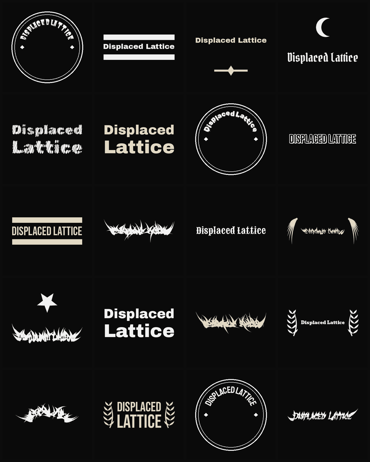 Twenty Displaced Lattice band logo ideas — different faces, treatments and spike settings