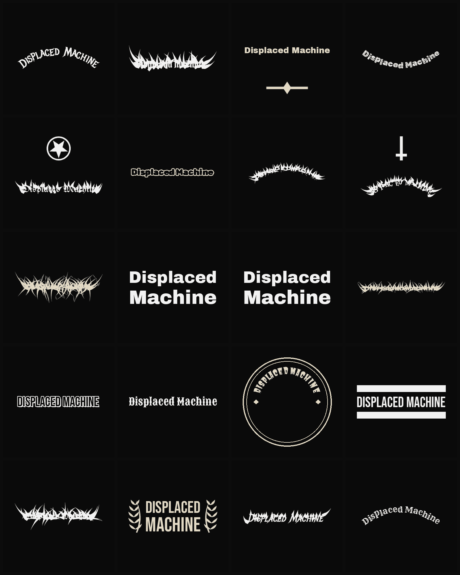 Twenty Displaced Machine band logo ideas — different faces, treatments and spike settings