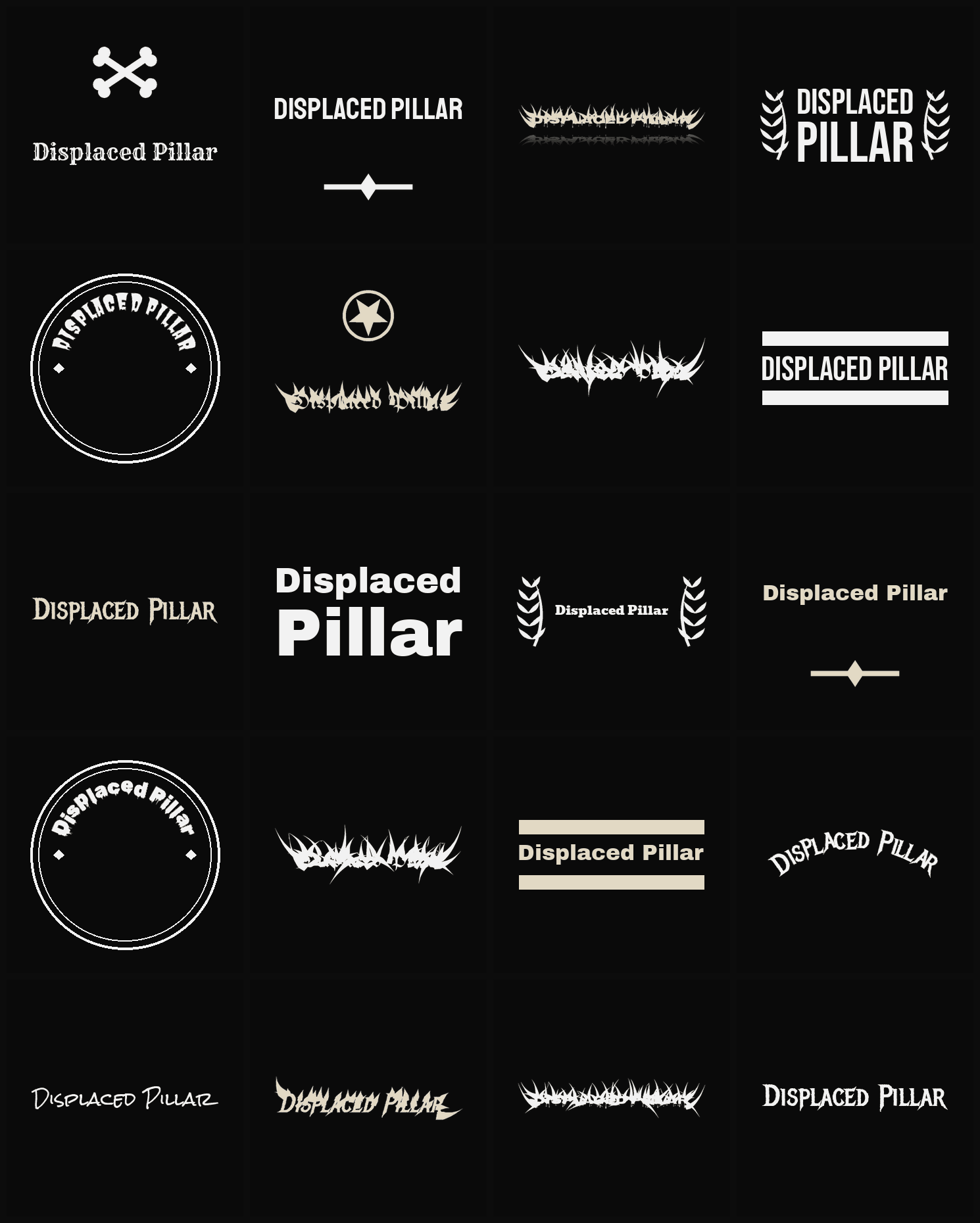 Twenty Displaced Pillar band logo ideas — different faces, treatments and spike settings