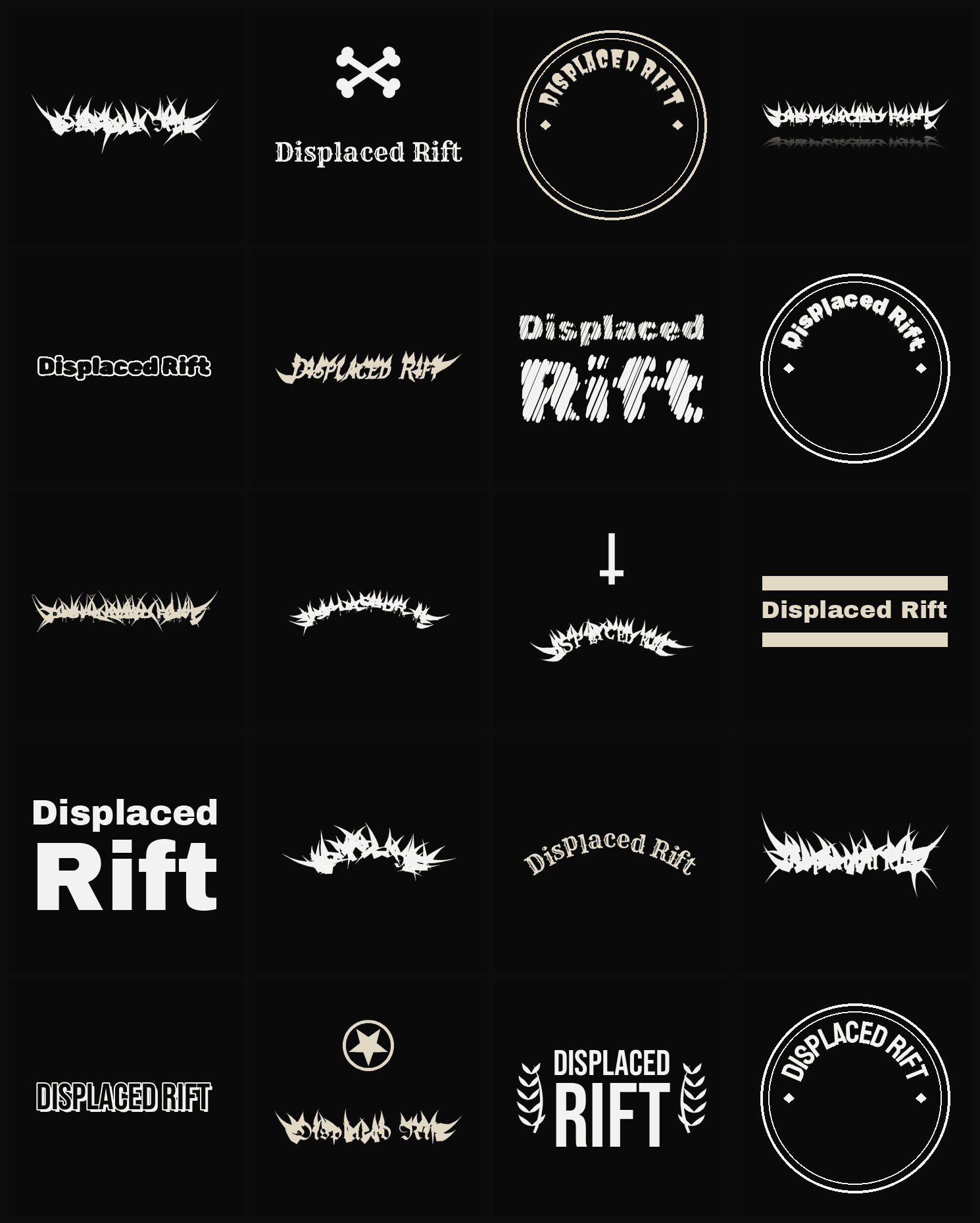 Twenty Displaced Rift band logo ideas — different faces, treatments and spike settings
