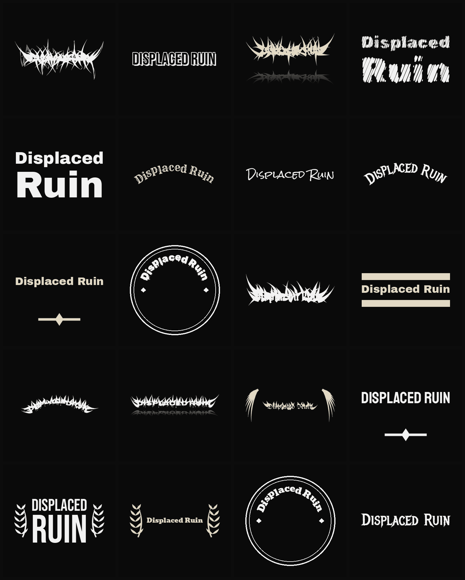 Twenty Displaced Ruin band logo ideas — different faces, treatments and spike settings