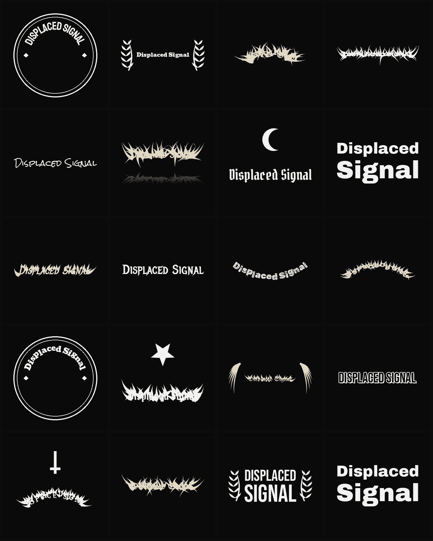Twenty Displaced Signal band logo ideas — different faces, treatments and spike settings