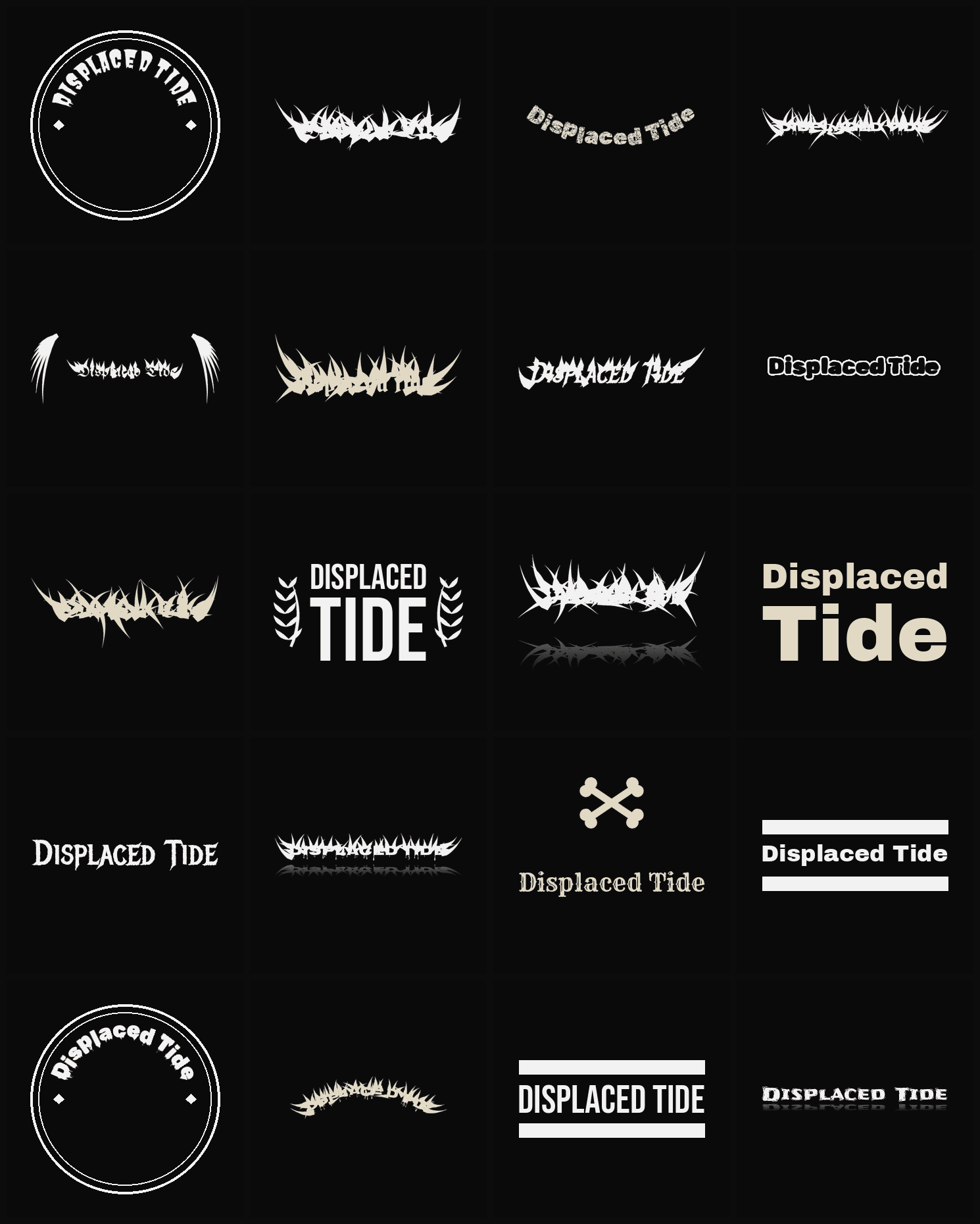 Twenty Displaced Tide band logo ideas — different faces, treatments and spike settings