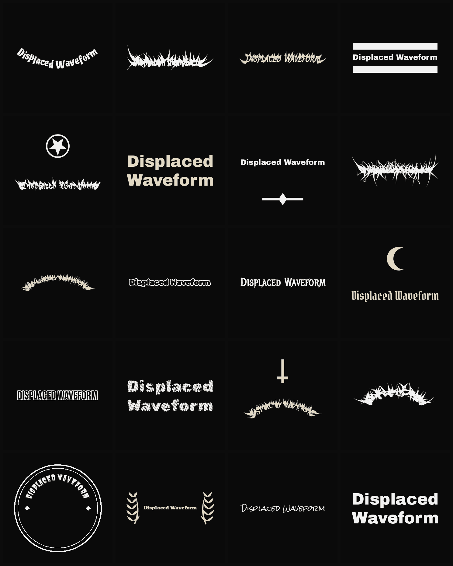 Twenty Displaced Waveform band logo ideas — different faces, treatments and spike settings
