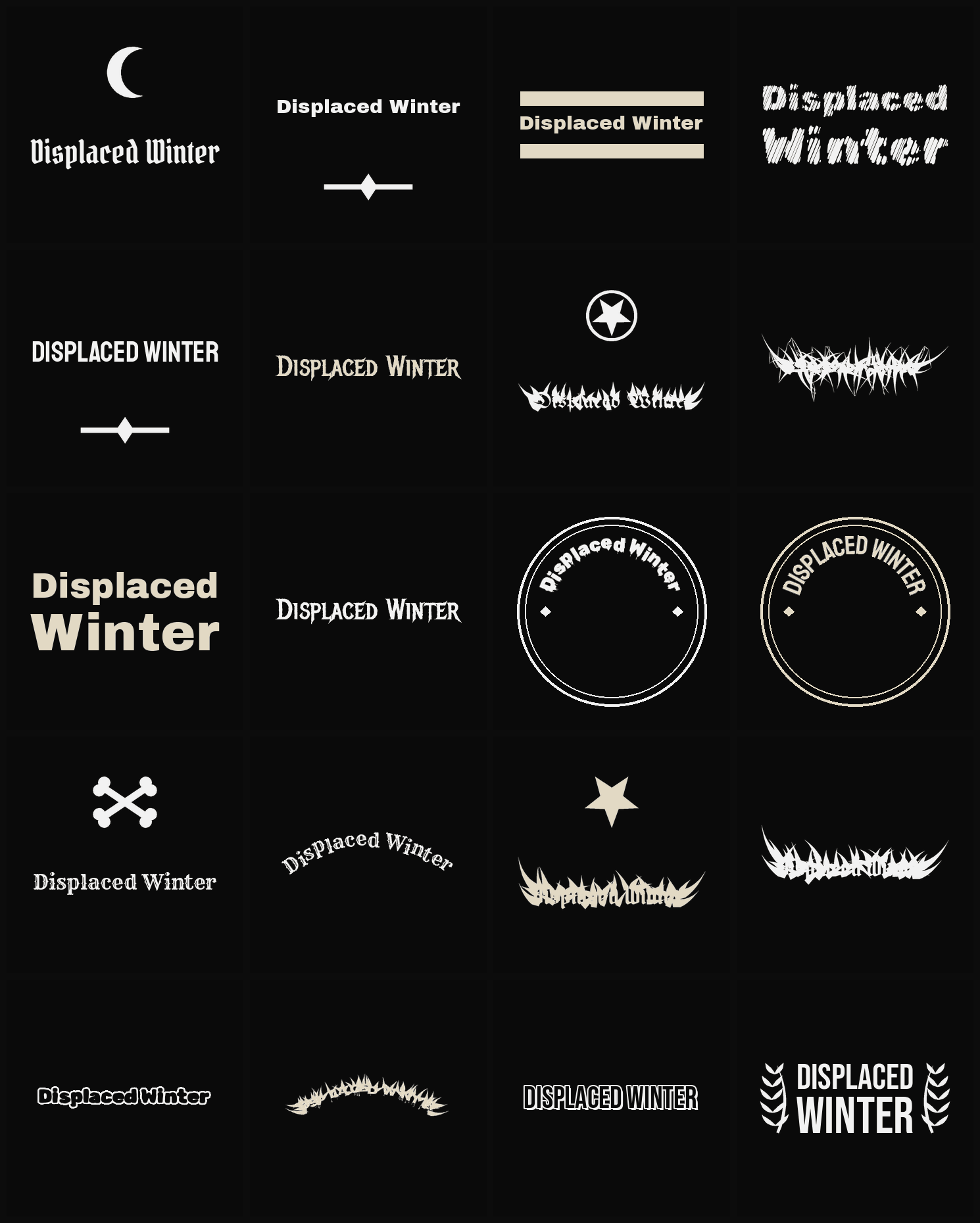 Twenty Displaced Winter band logo ideas — different faces, treatments and spike settings