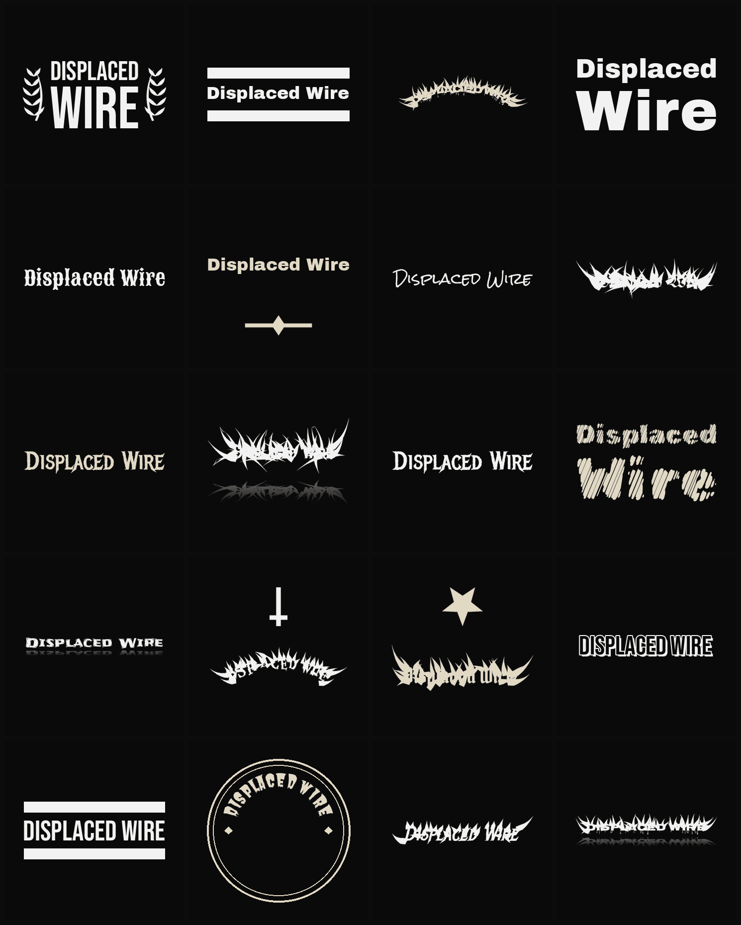 Twenty Displaced Wire band logo ideas — different faces, treatments and spike settings
