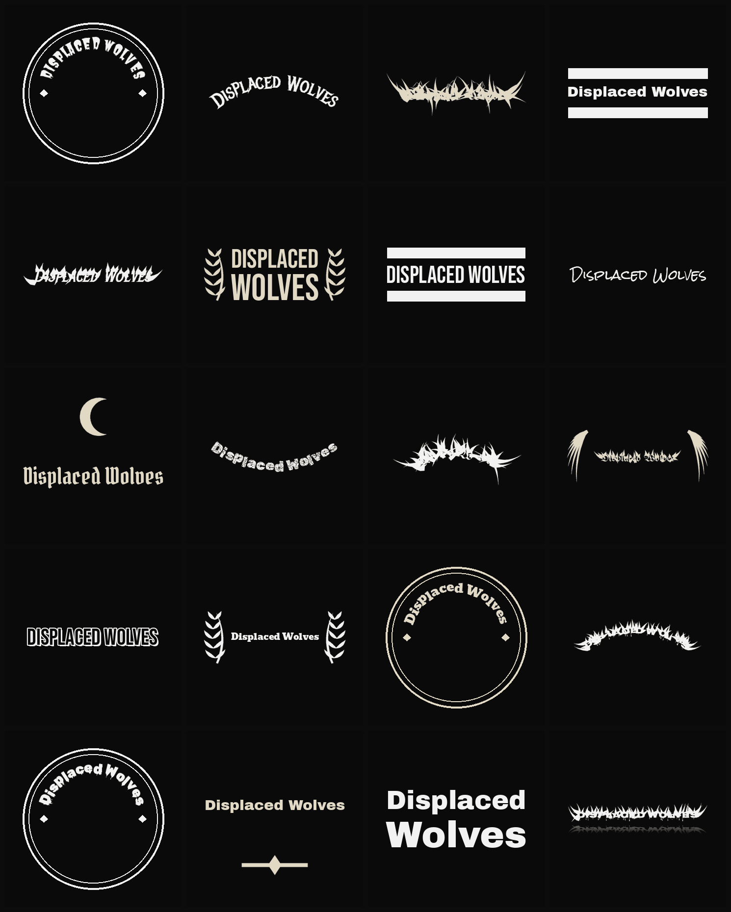 Twenty Displaced Wolves band logo ideas — different faces, treatments and spike settings