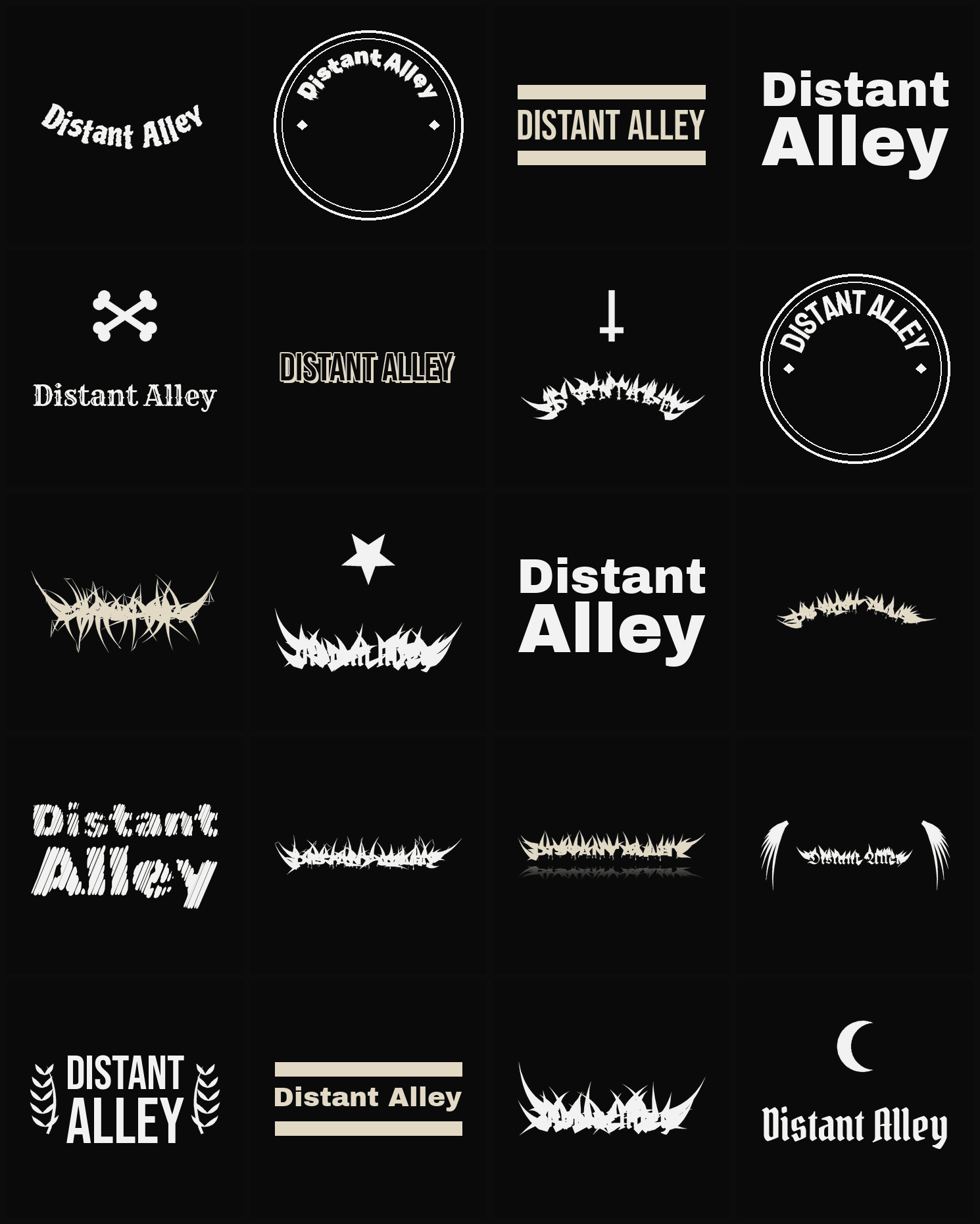 Twenty Distant Alley band logo ideas — different faces, treatments and spike settings