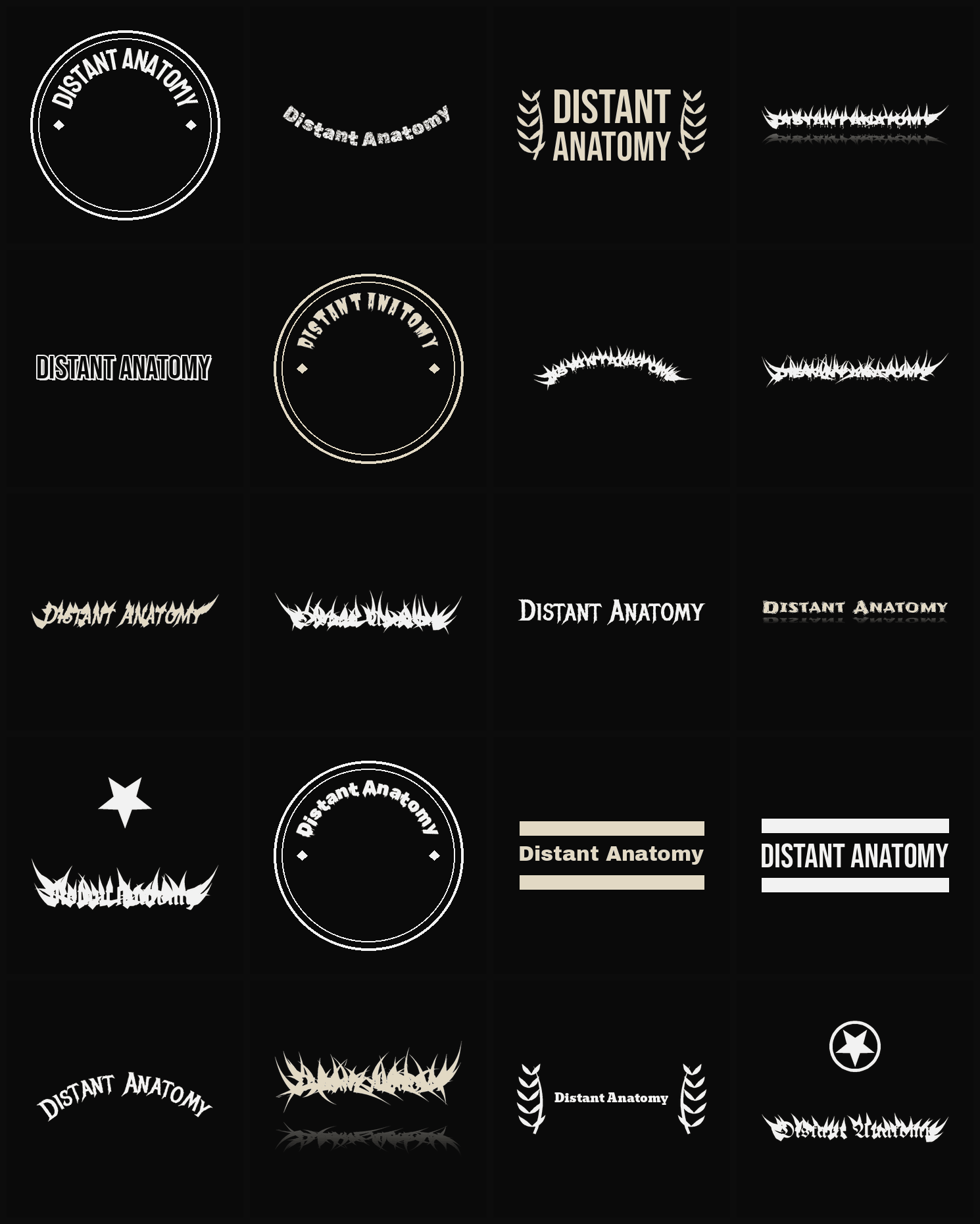Twenty Distant Anatomy band logo ideas — different faces, treatments and spike settings
