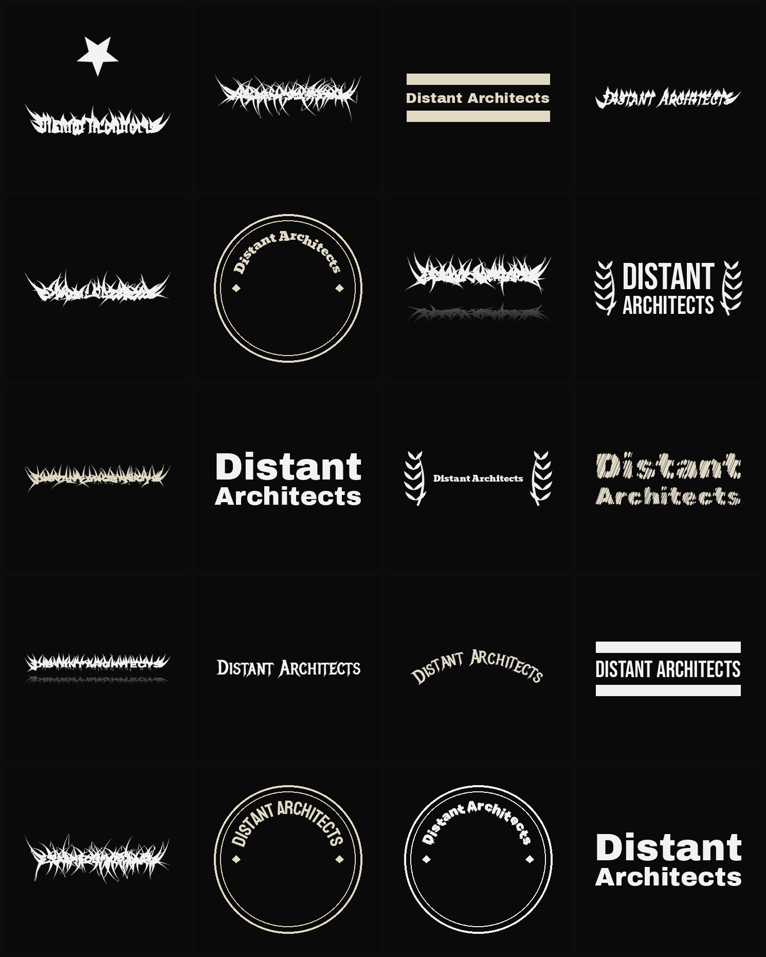 Twenty Distant Architects band logo ideas — different faces, treatments and spike settings