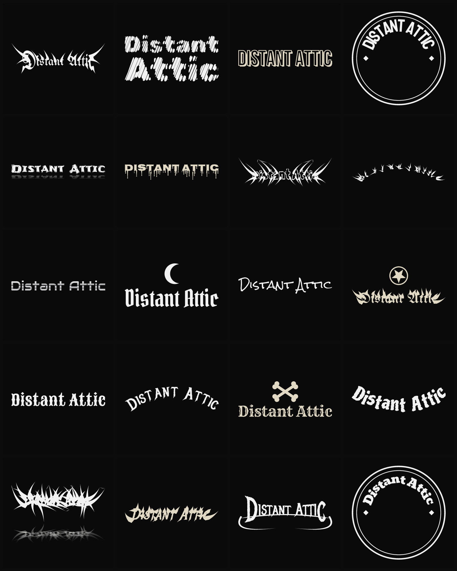 Twenty Distant Attic band logo ideas — different faces, treatments and spike settings
