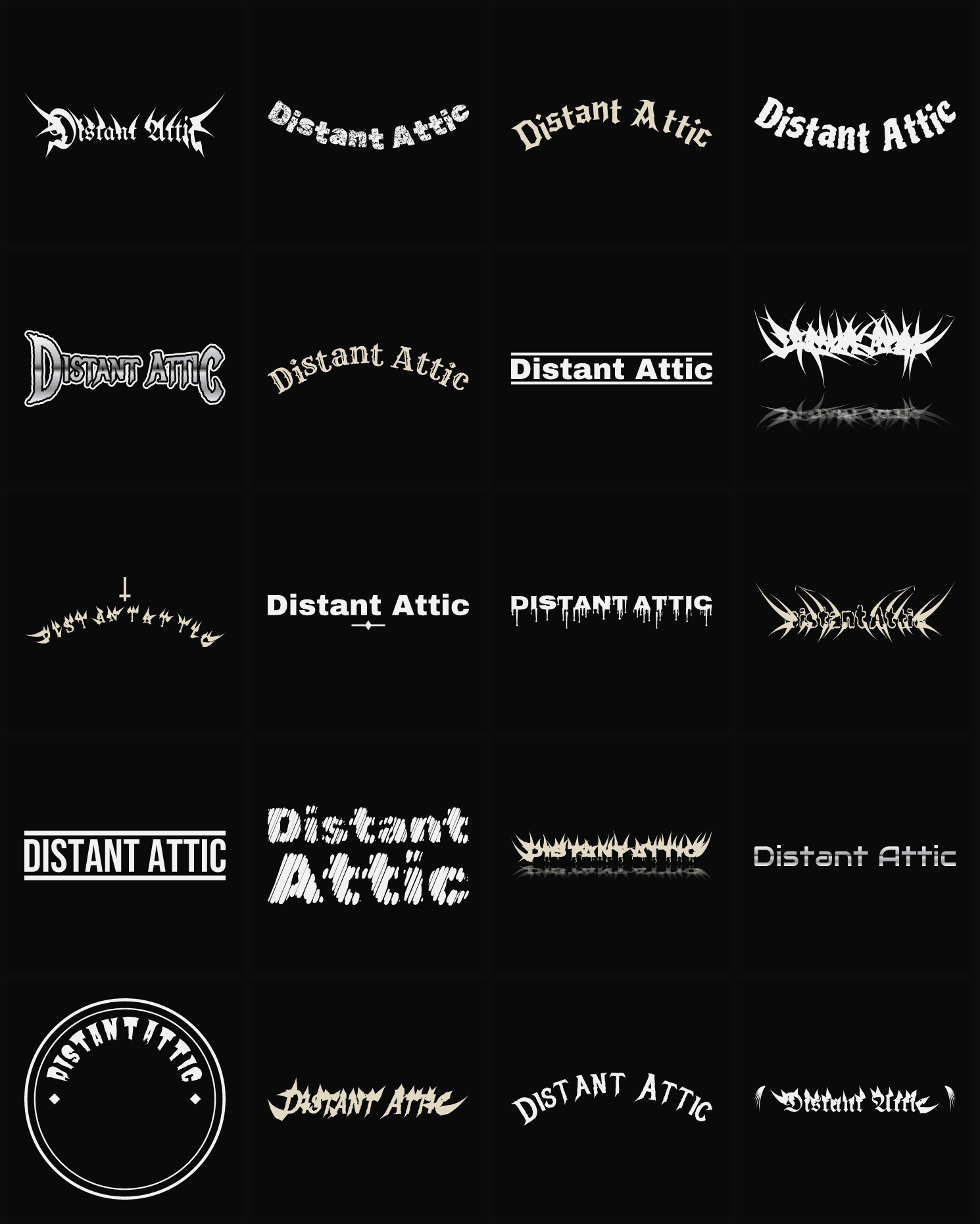 Twenty Distant Attic band logo ideas — different faces, treatments and spike settings