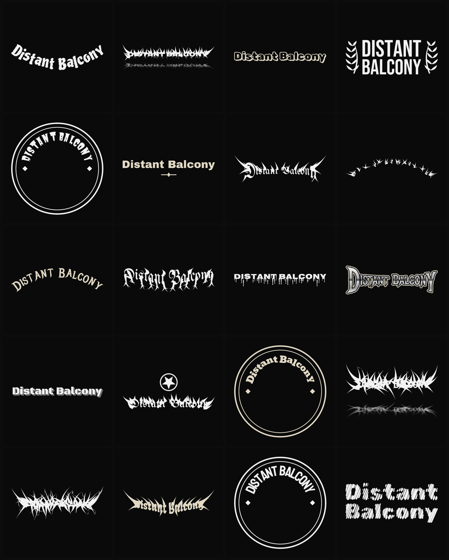 Twenty Distant Balcony band logo ideas — different faces, treatments and spike settings