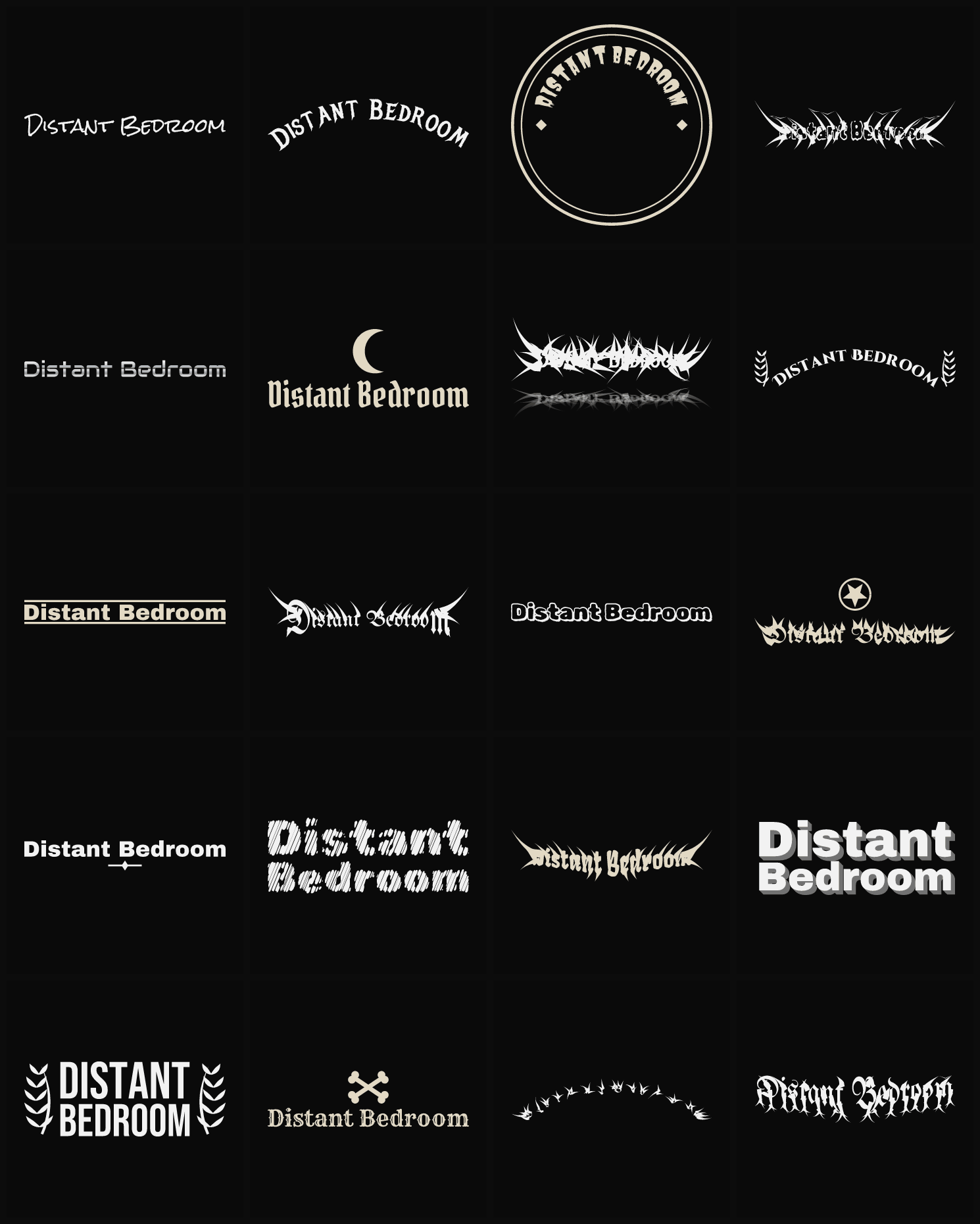 Twenty Distant Bedroom band logo ideas — different faces, treatments and spike settings