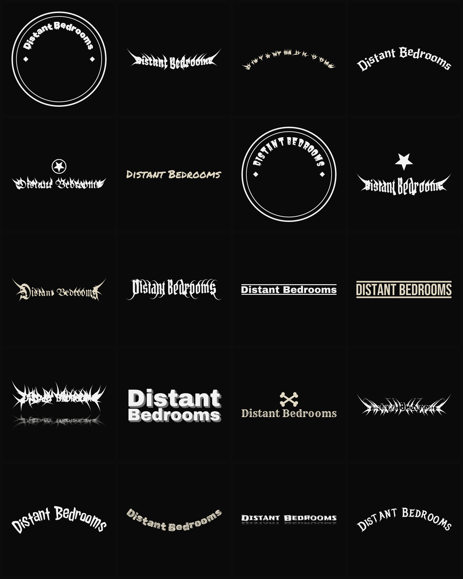 Twenty Distant Bedrooms band logo ideas — different faces, treatments and spike settings