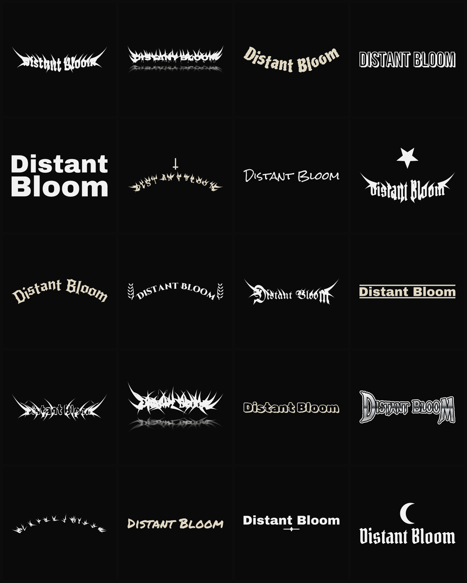 Twenty Distant Bloom band logo ideas — different faces, treatments and spike settings