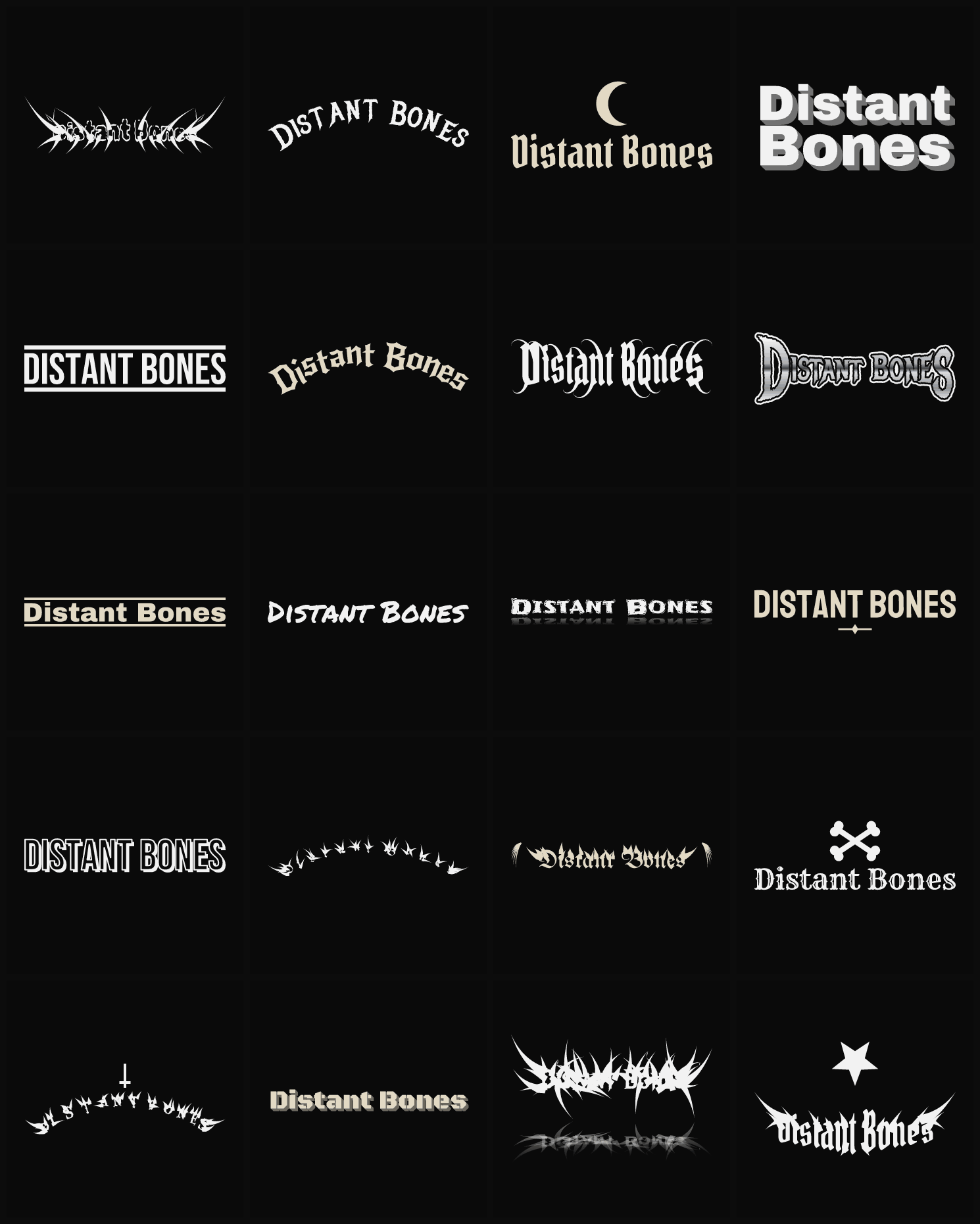 Twenty Distant Bones band logo ideas — different faces, treatments and spike settings