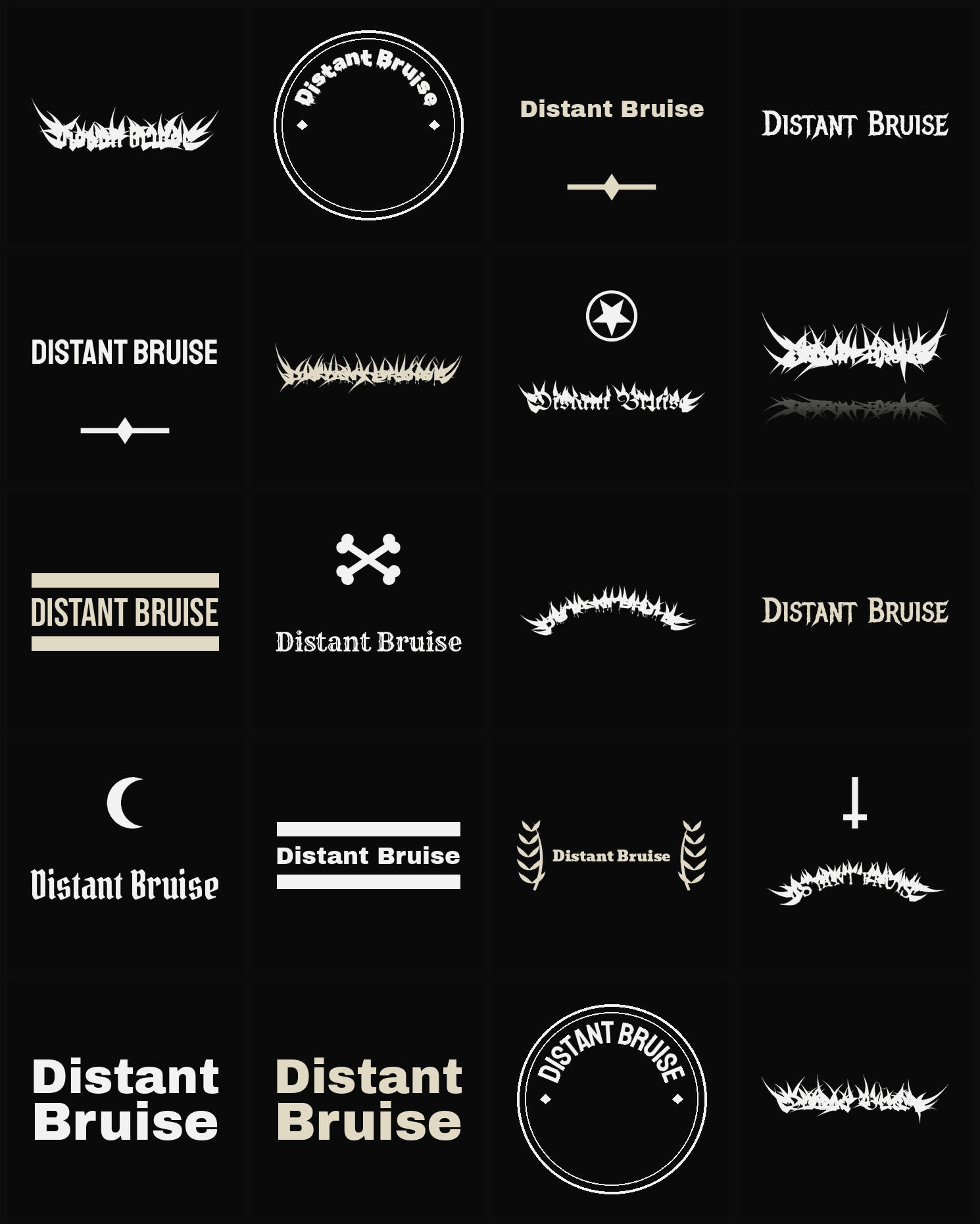 Twenty Distant Bruise band logo ideas — different faces, treatments and spike settings