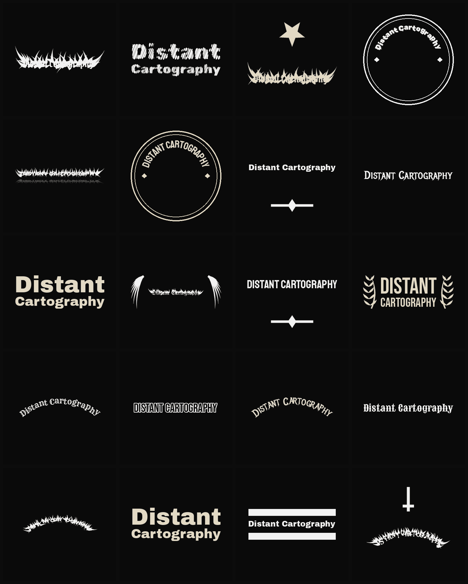 Twenty Distant Cartography band logo ideas — different faces, treatments and spike settings