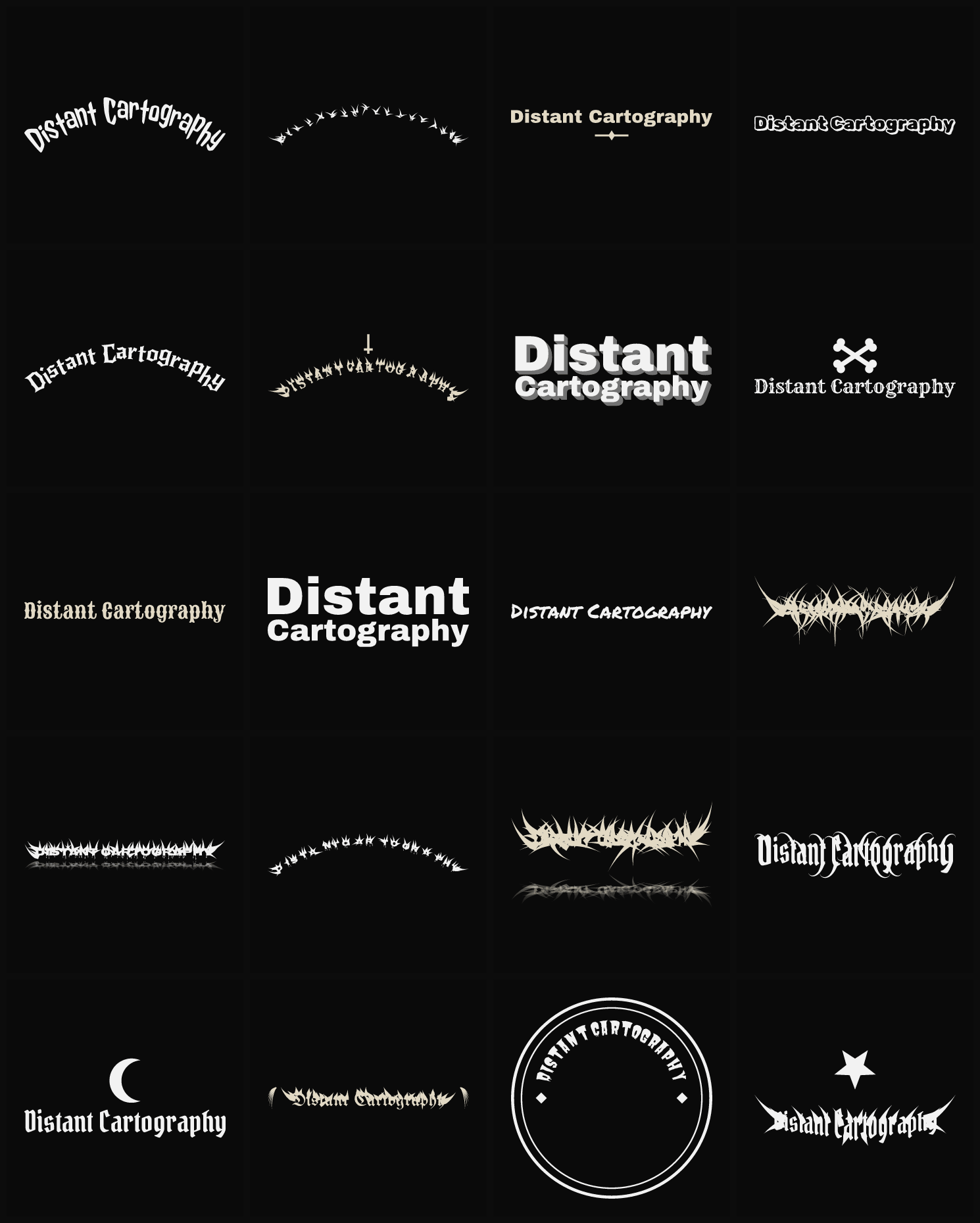 Twenty Distant Cartography band logo ideas — different faces, treatments and spike settings