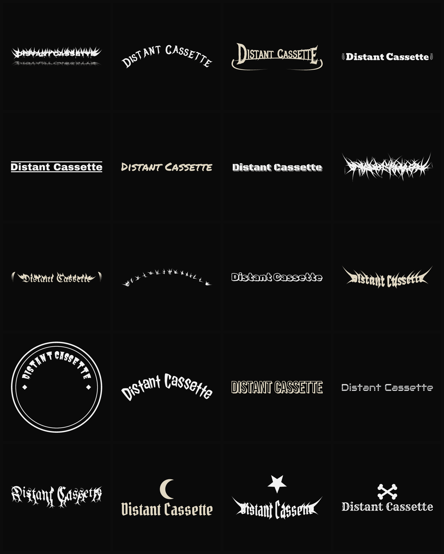 Twenty Distant Cassette band logo ideas — different faces, treatments and spike settings