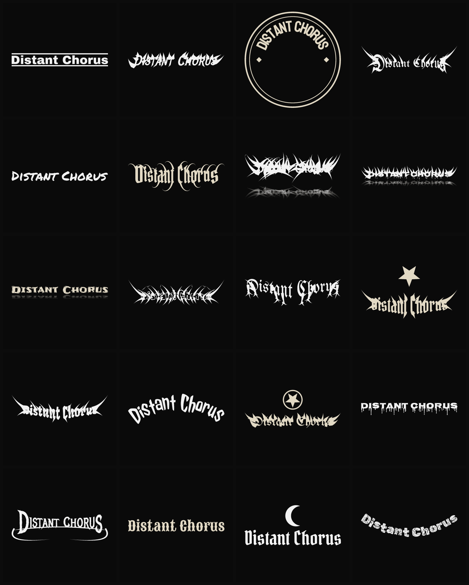Twenty Distant Chorus band logo ideas — different faces, treatments and spike settings