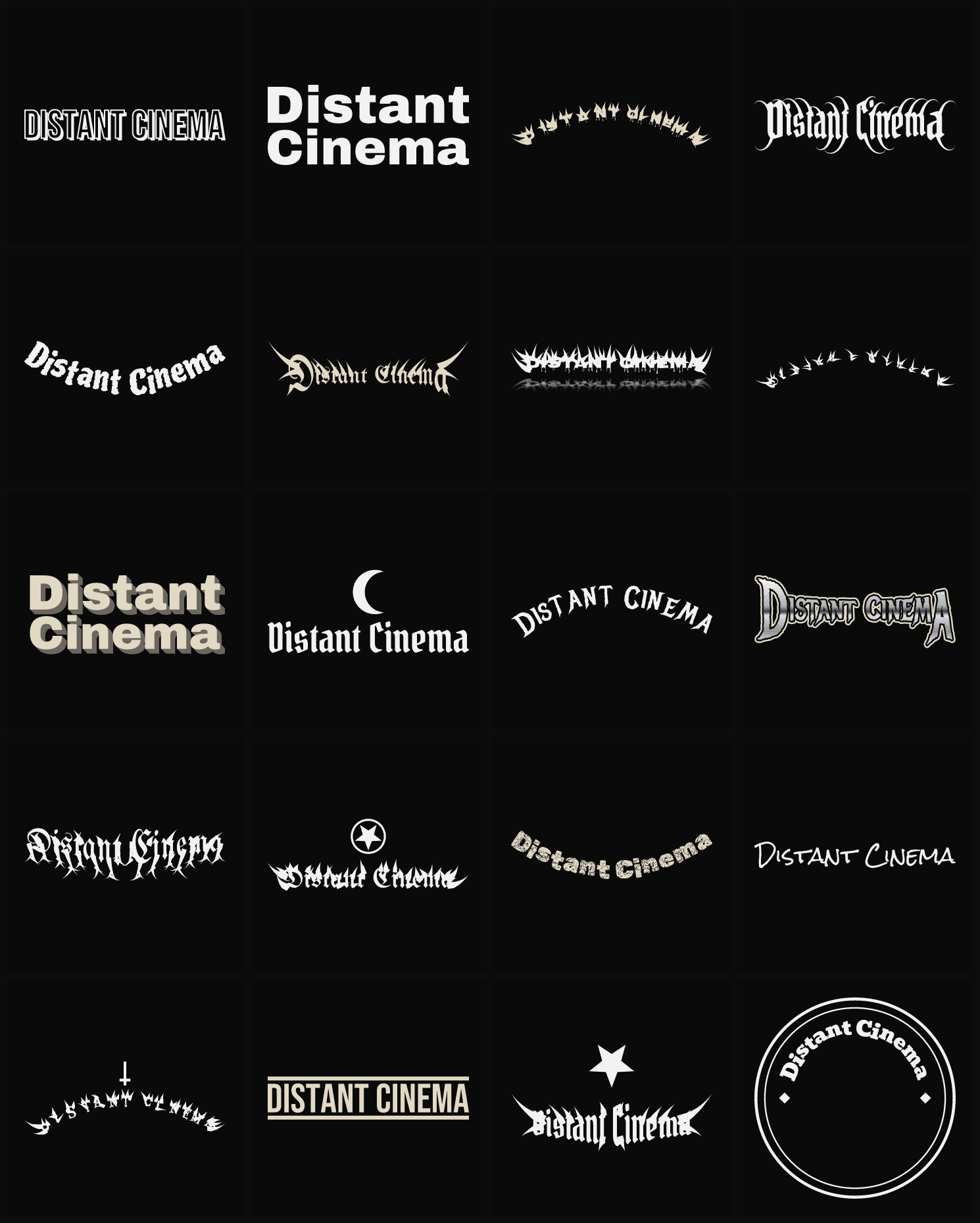 Twenty Distant Cinema band logo ideas — different faces, treatments and spike settings