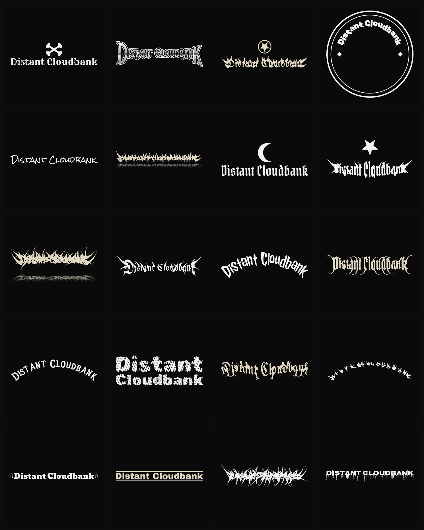 Twenty Distant Cloudbank band logo ideas — different faces, treatments and spike settings