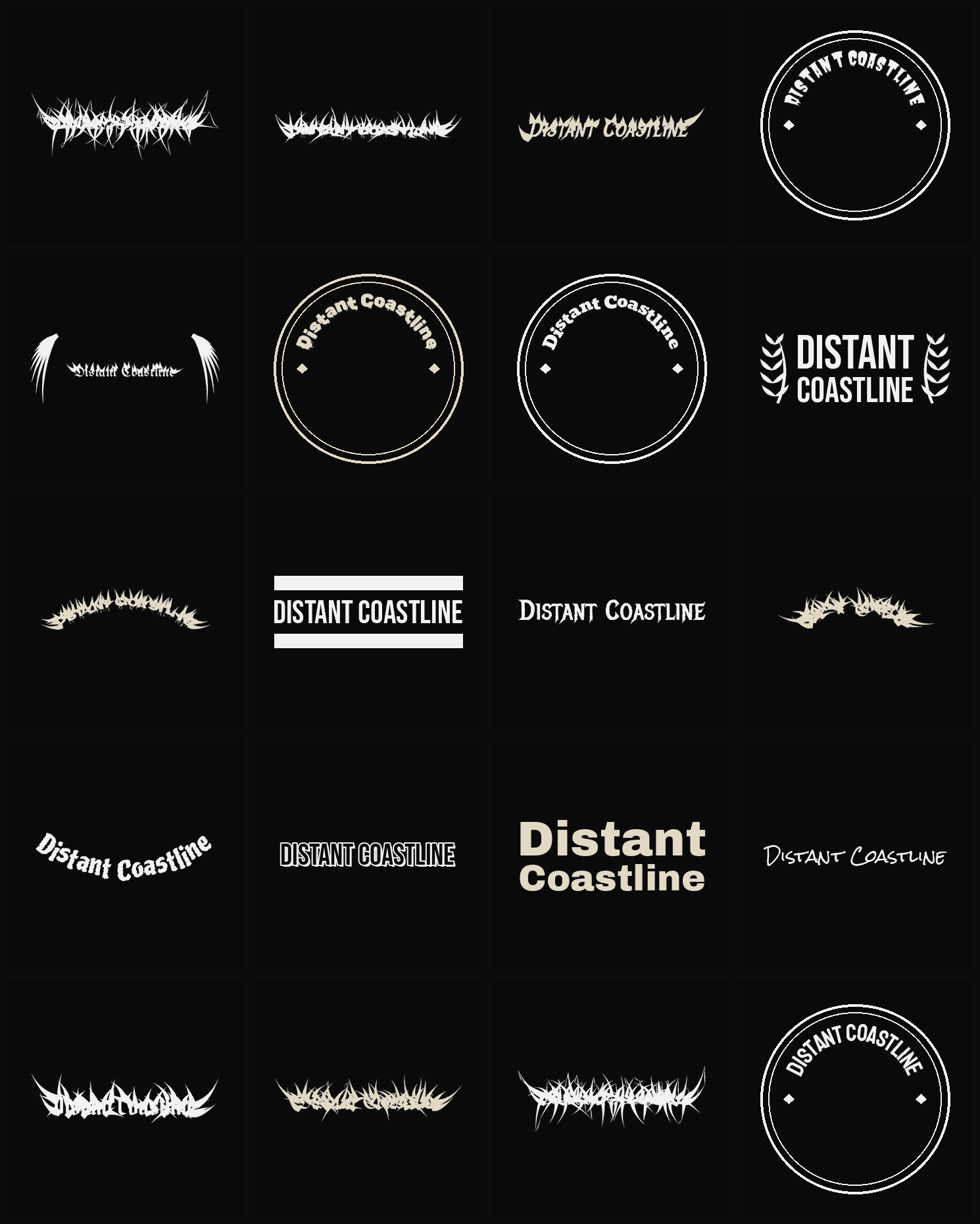 Twenty Distant Coastline band logo ideas — different faces, treatments and spike settings