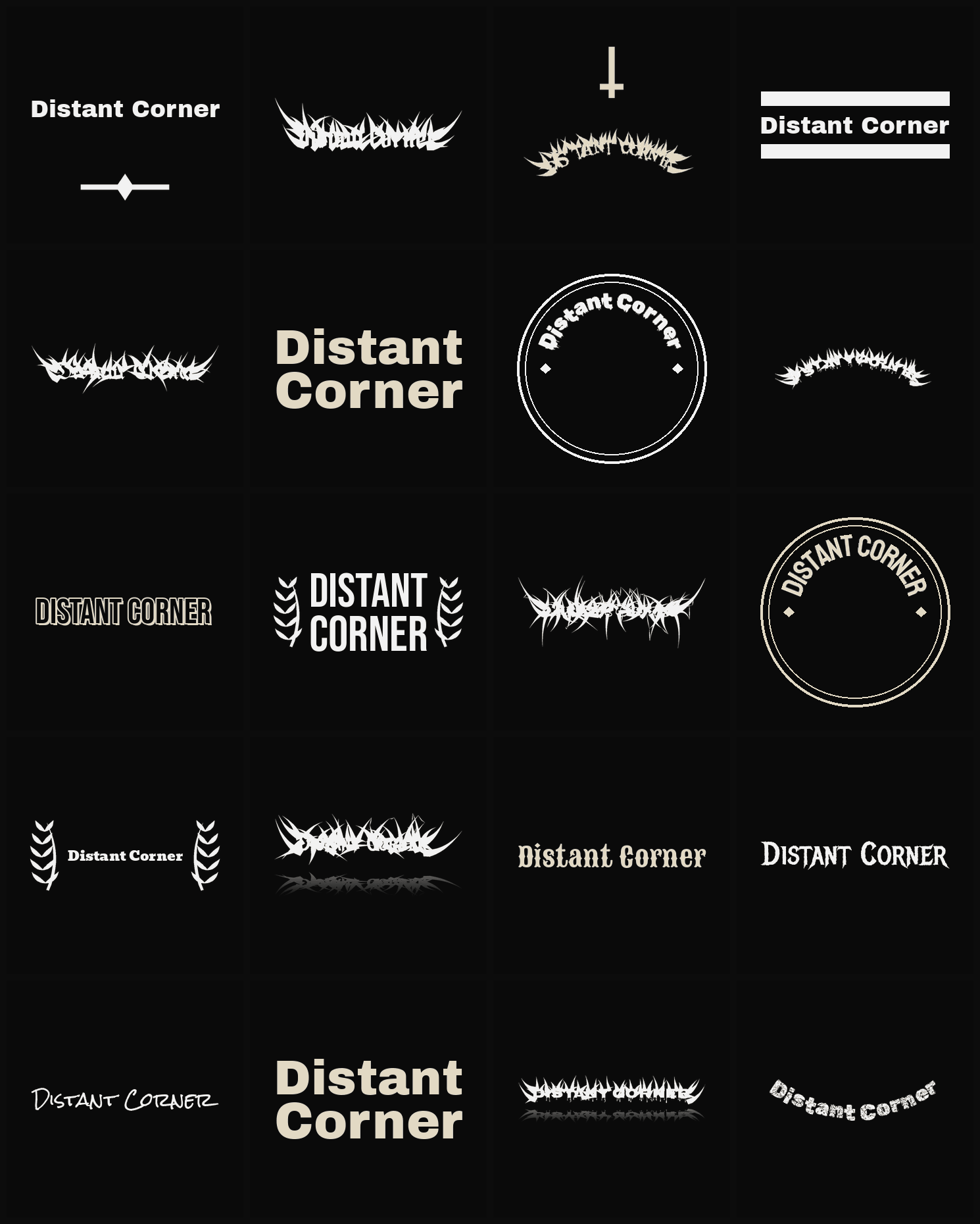 Twenty Distant Corner band logo ideas — different faces, treatments and spike settings
