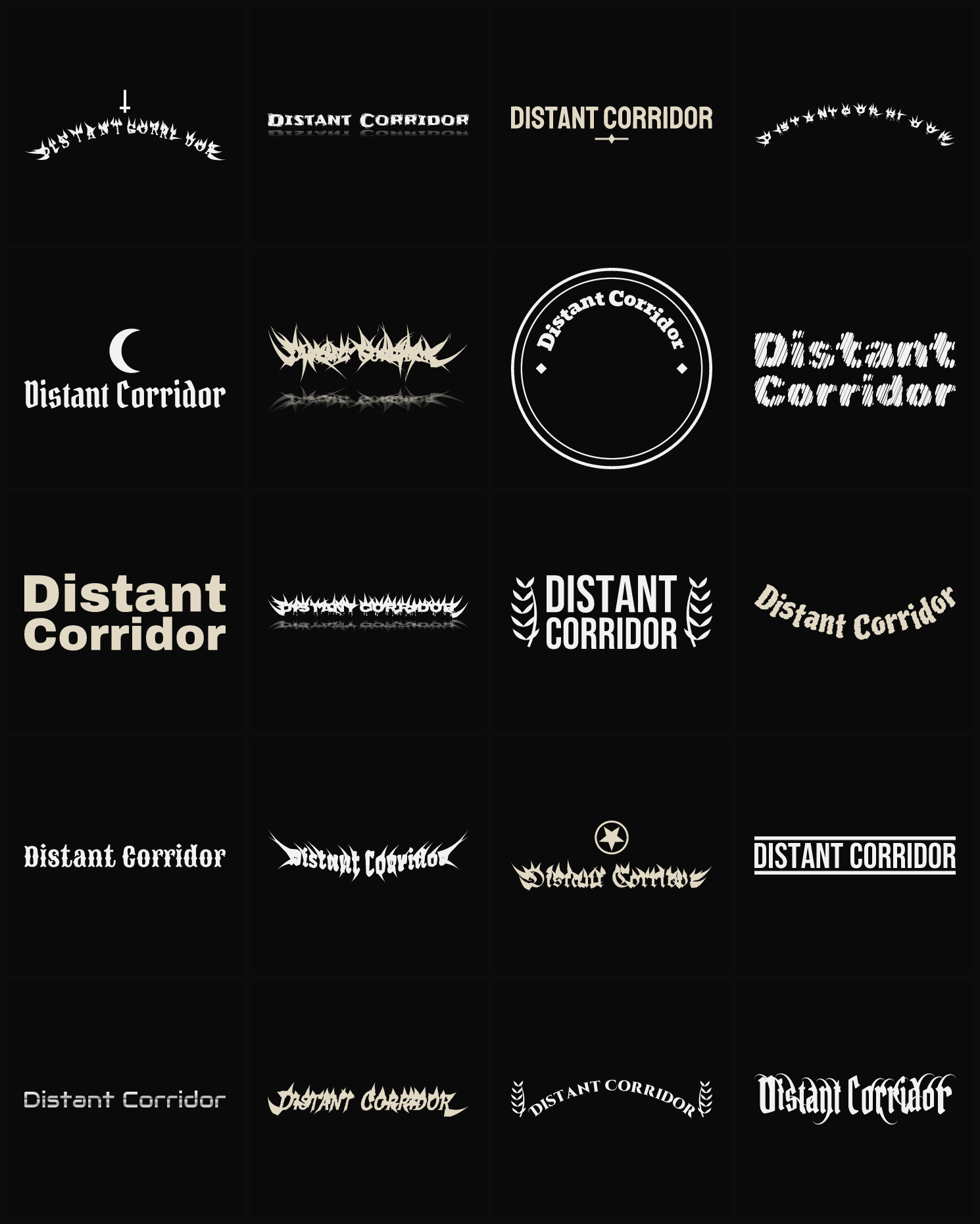 Twenty Distant Corridor band logo ideas — different faces, treatments and spike settings