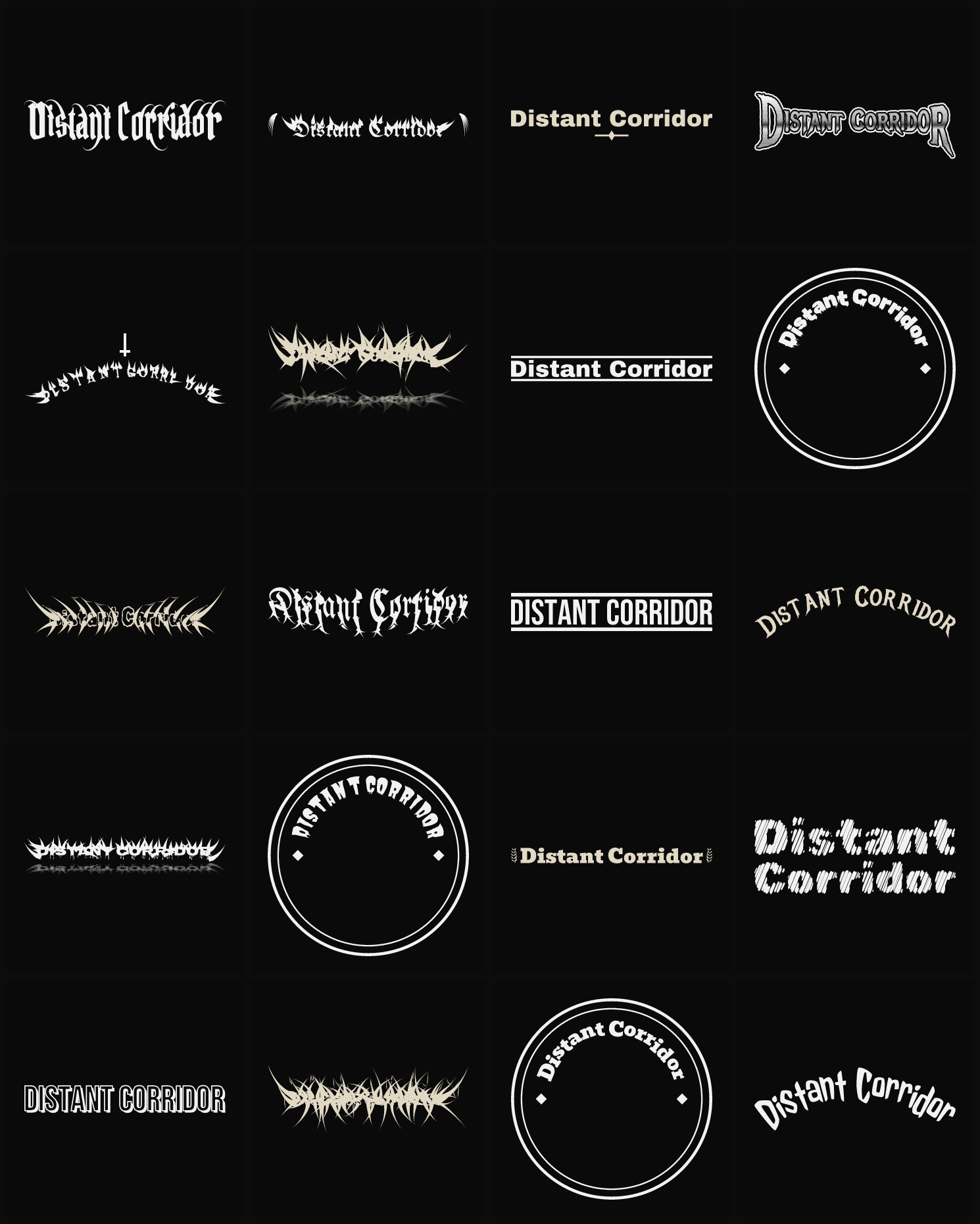 Twenty Distant Corridor band logo ideas — different faces, treatments and spike settings