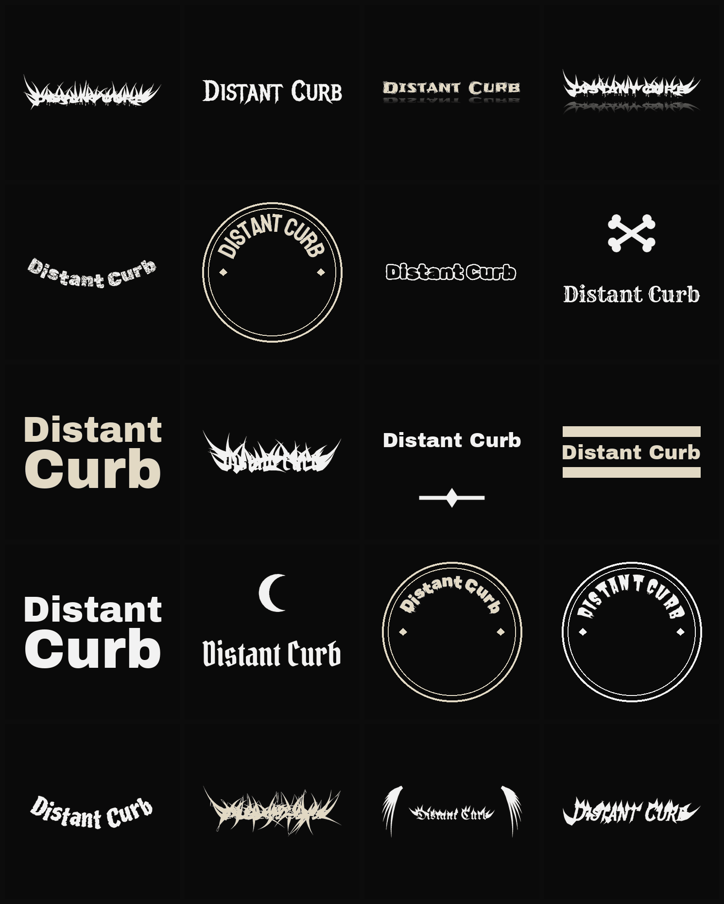 Twenty Distant Curb band logo ideas — different faces, treatments and spike settings