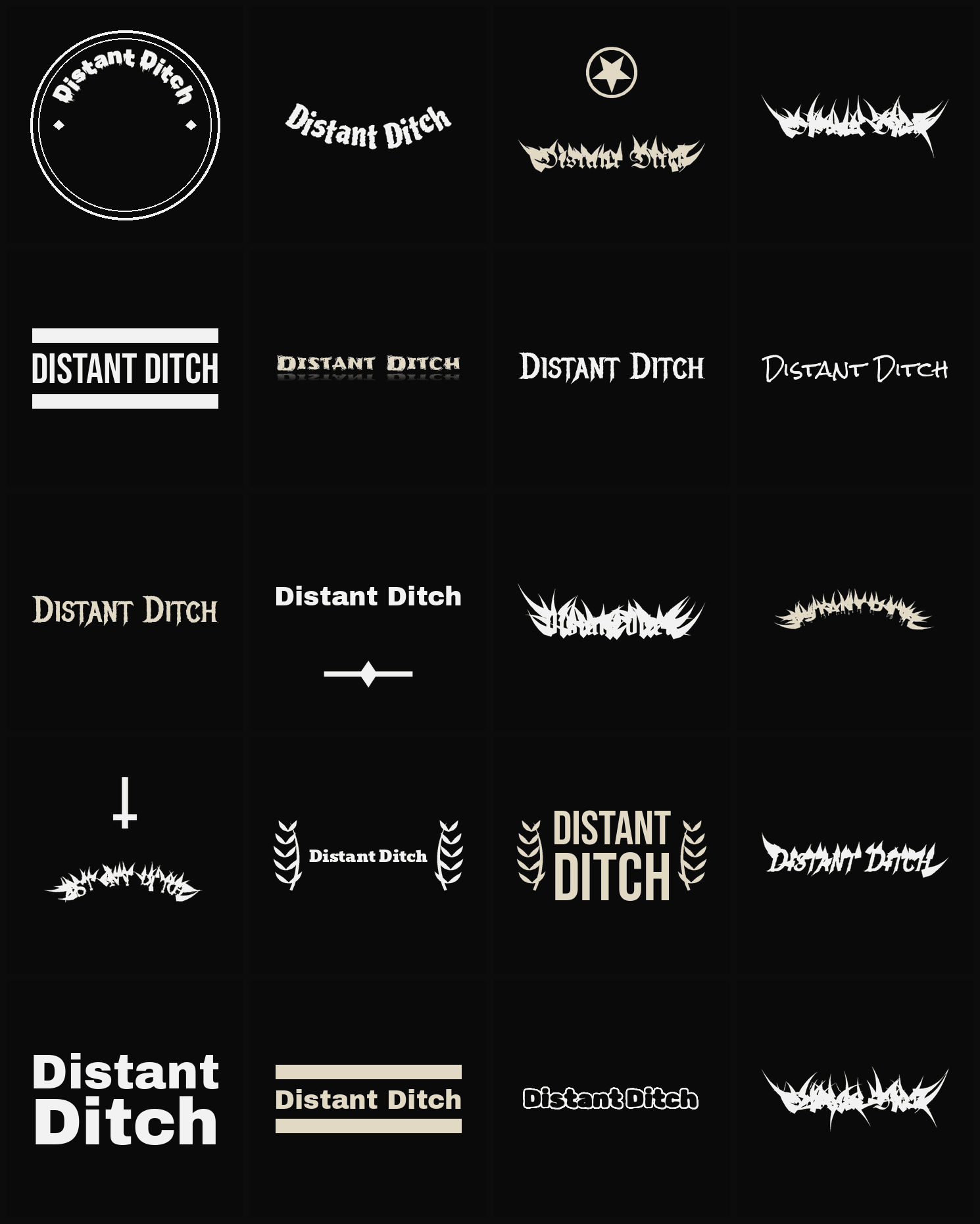 Twenty Distant Ditch band logo ideas — different faces, treatments and spike settings