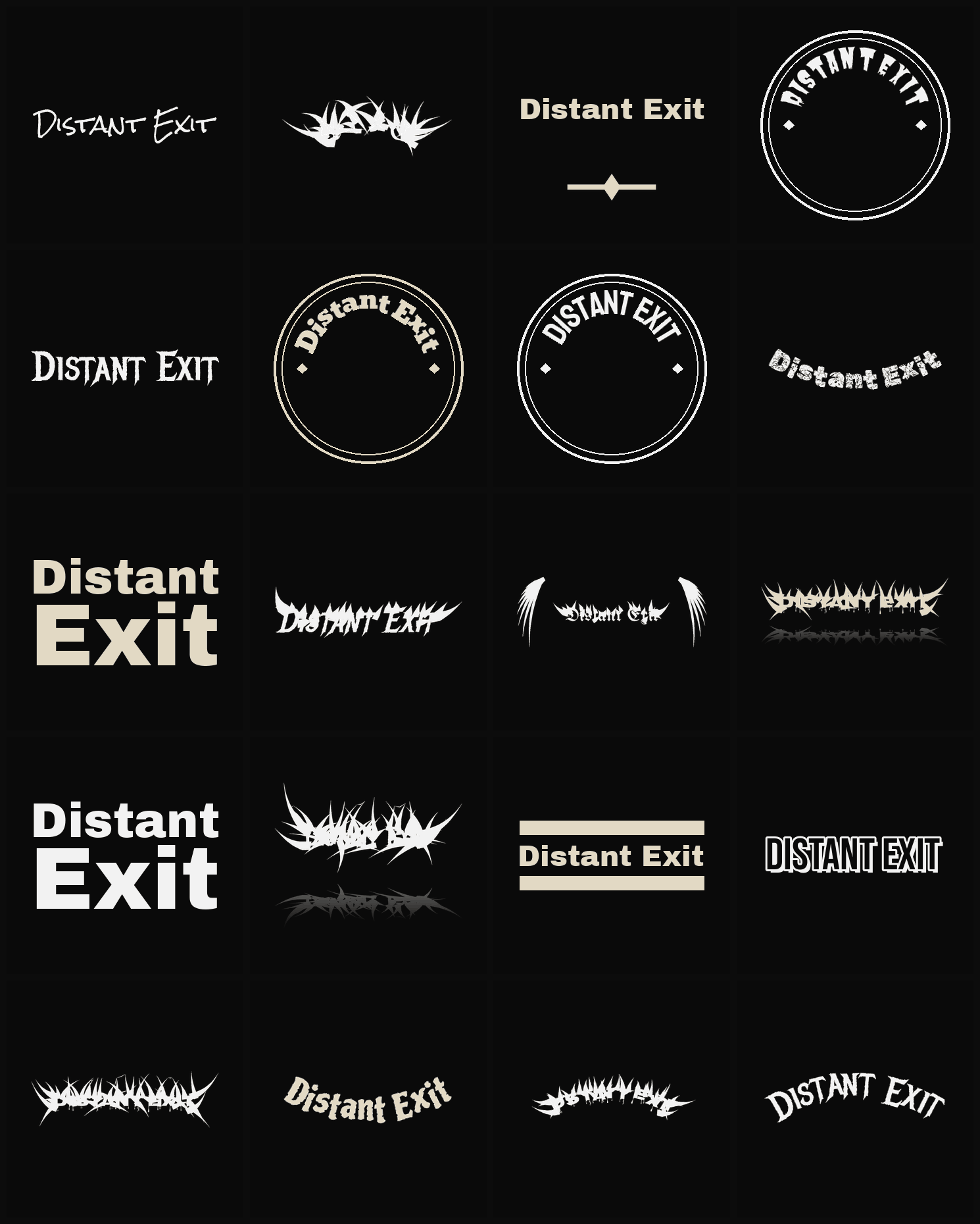 Twenty Distant Exit band logo ideas — different faces, treatments and spike settings