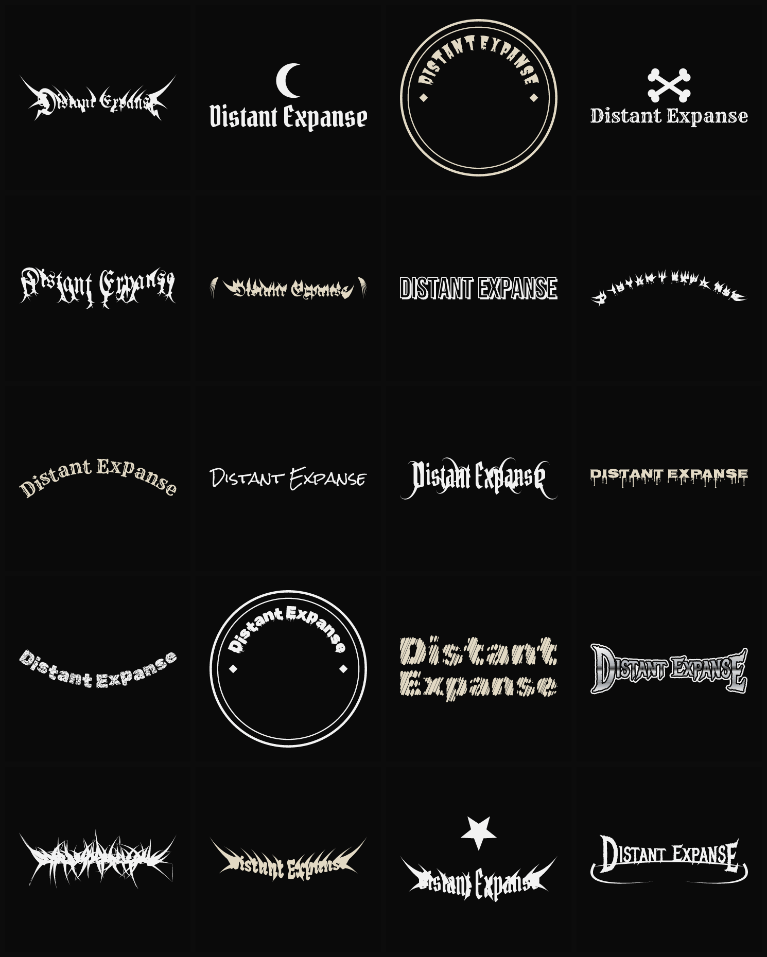 Twenty Distant Expanse band logo ideas — different faces, treatments and spike settings